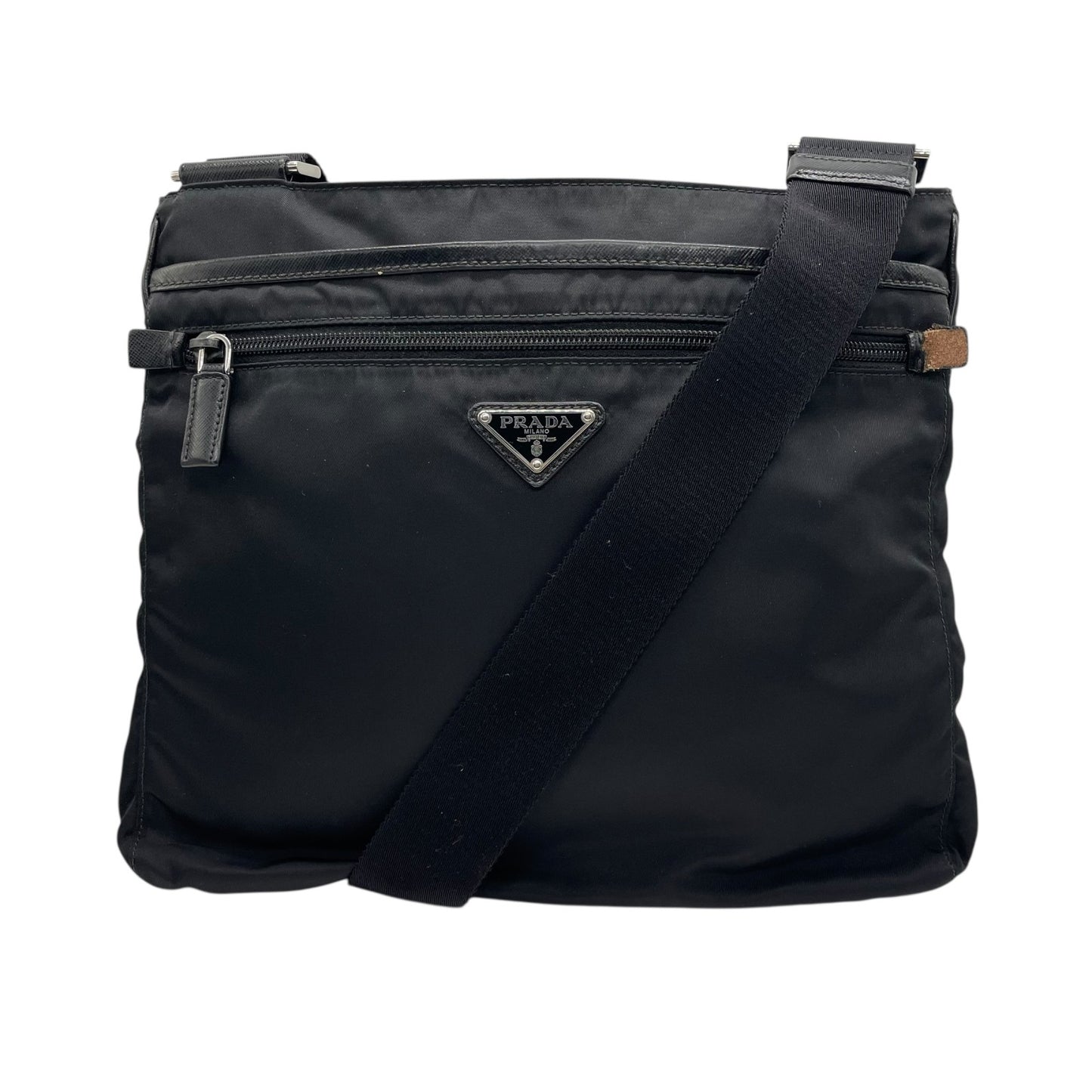 Authentic PRADA Black Shoulder Bag Triangular Logo Plate Nylon Leather Silver Hardware Adjustable Strap Men's Women's