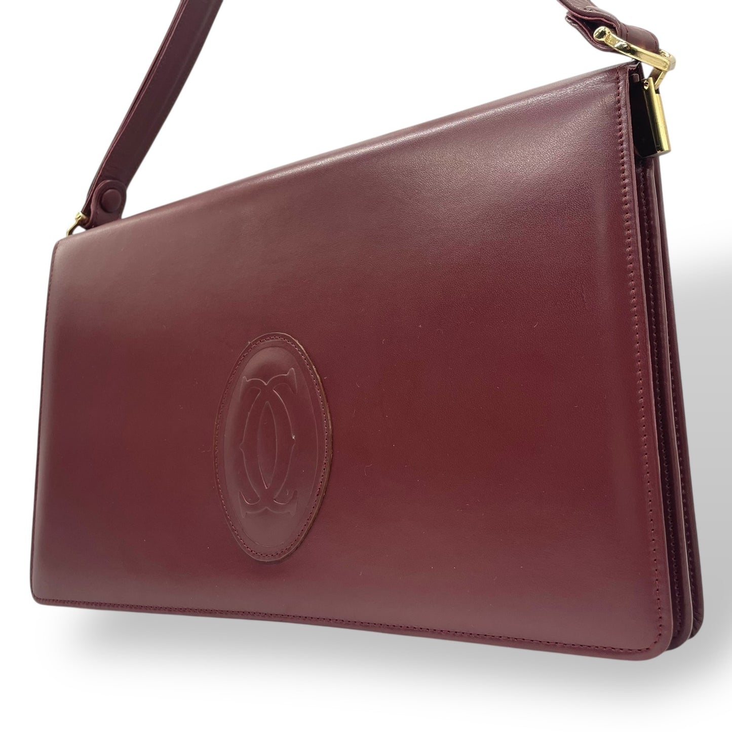 美品 Cartier カルティエ マストライン ショルダーバッグ レザー 赤 ボルドー ワインレッド フラップ開閉 ゴールド金具 肩掛け可 レディース 2Cモチーフ B5