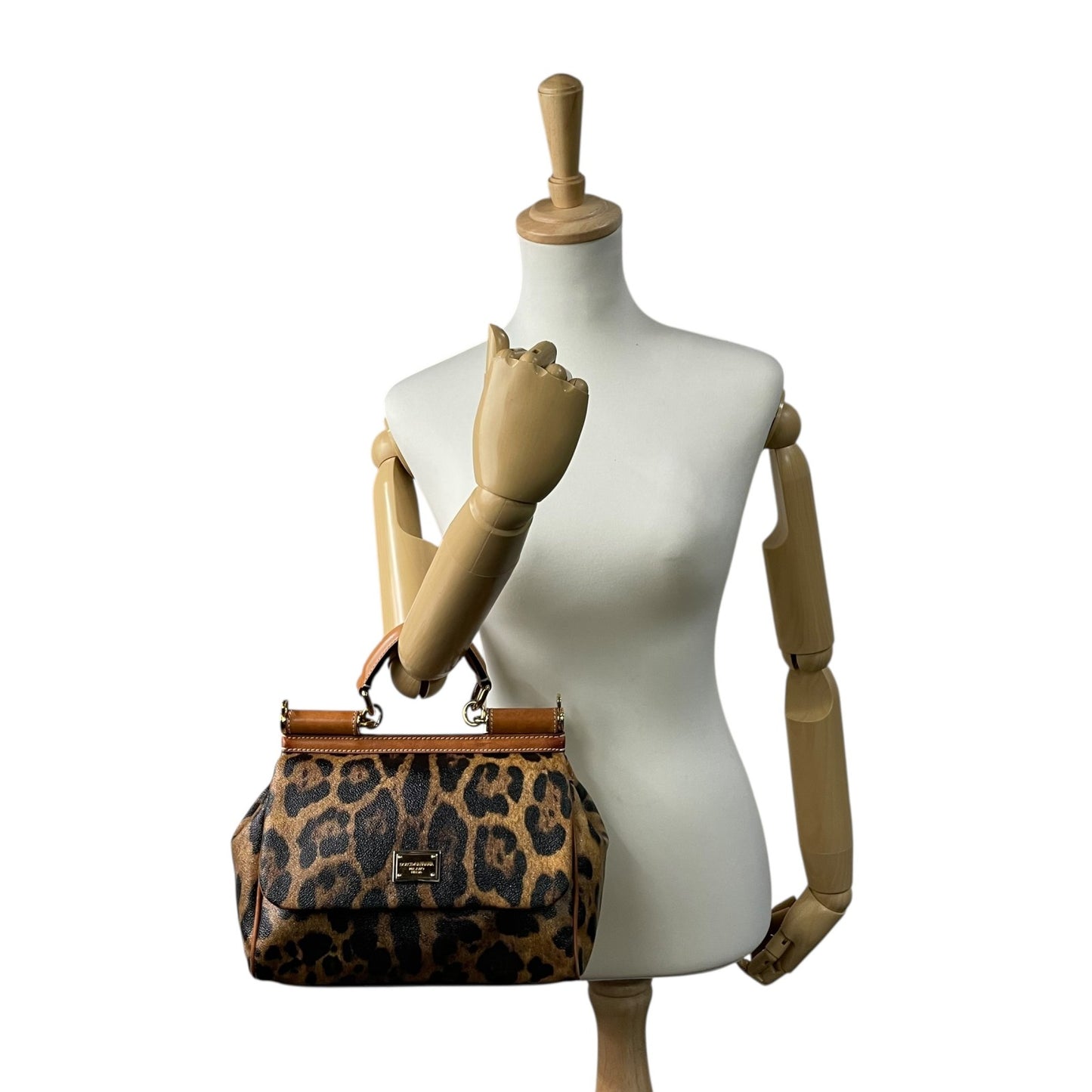 美品 DOLCE&GABBANA ドルチェ＆ガッパーナ シシリー 2WAY ハンドバッグ ショルダーバッグ ドルガバ レオパード ヒョウ柄 レザー PVC ブラウン 茶 ブラック 黒 レディース D&G ロゴプレート フラップ ゴールド金具 斜め掛け可 K4