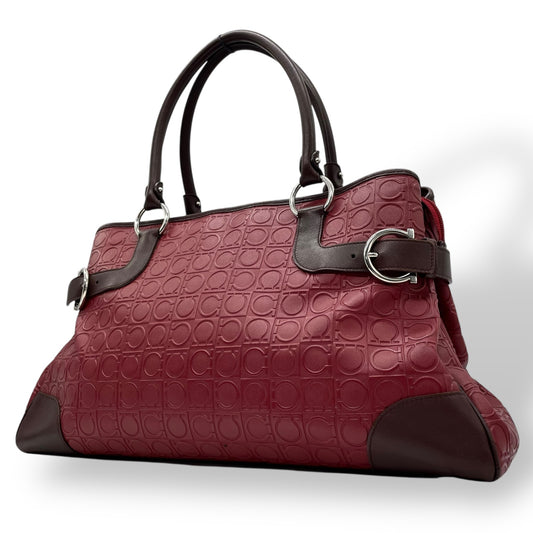 美品 フェラガモ Salvatore Ferragamo ガンチーニ ボルドー レザー ハンドバッグ トートバッグ 総柄 赤 レッド ブラウン シルバー金具 レディース D