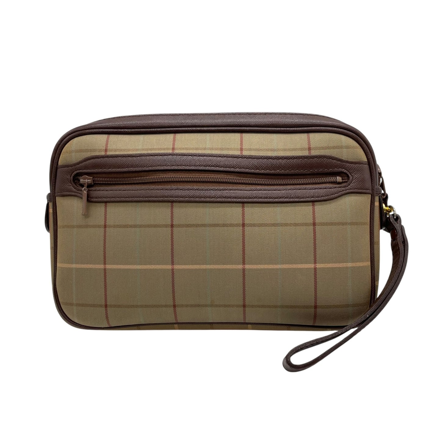 美品 Burberry バーバリー クラッチバッグ セカンドバッグ ポーチ カーキ ブラウン キャンバス レザー チェック ホースロゴ メンズ レディース ヴィンテージ S97