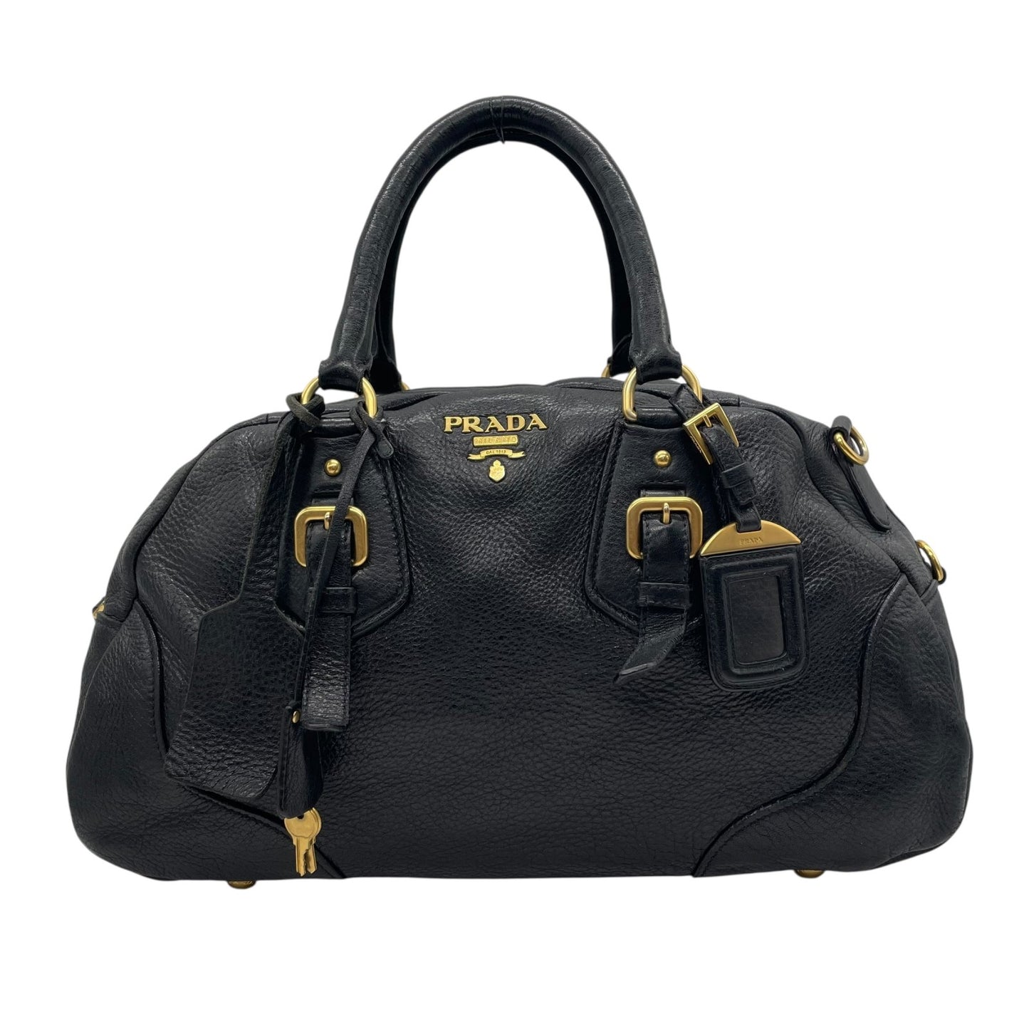 Authentic PRADA 2WAY Handbag Shoulder Black NERO Leather Gold Hardware Logo