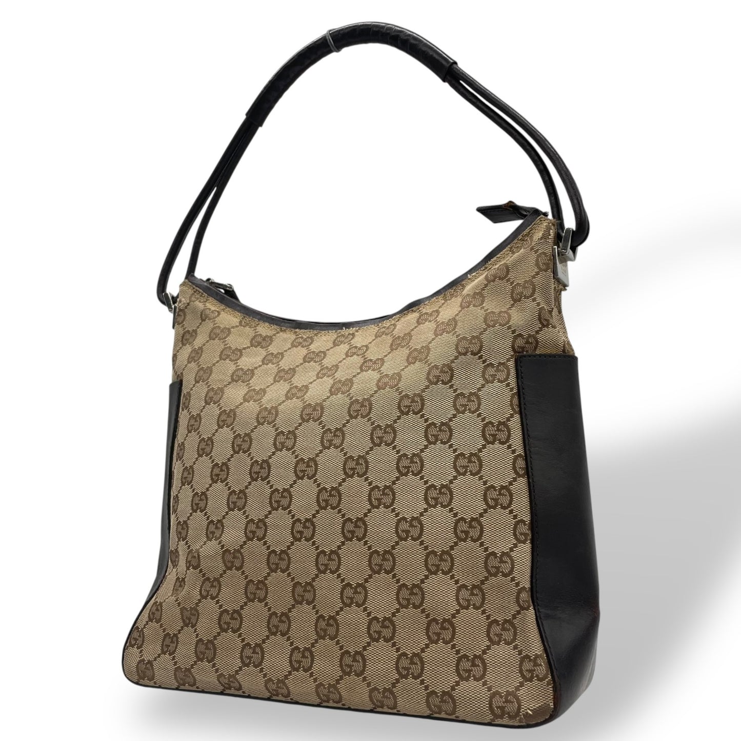 Authentic GUCCI GG Canvas Shoulder Bag Brown Beige Leather Silver Hardware Ladies