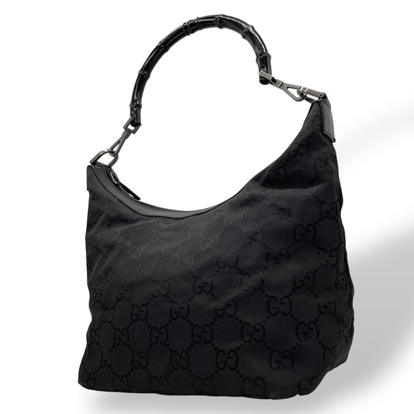 Authentic GUCCI Bamboo Black Canvas Leather Hobo Shoulder Bag Silver Vintage