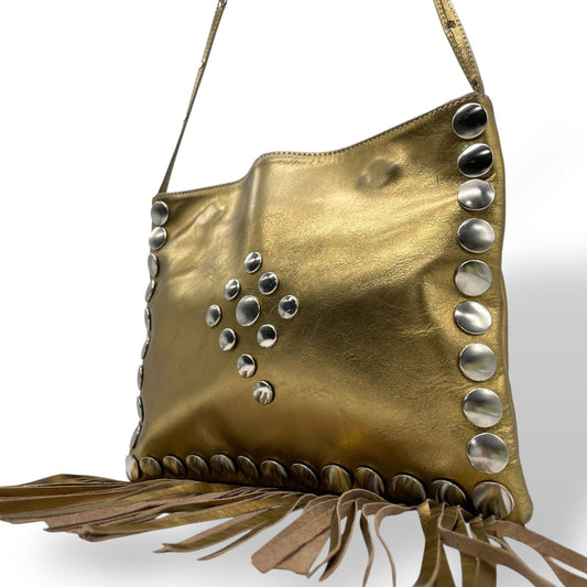 Authentic SONIA RYKIEL Shoulder Bag Studs Fringe Gold Leather Silver Hardware