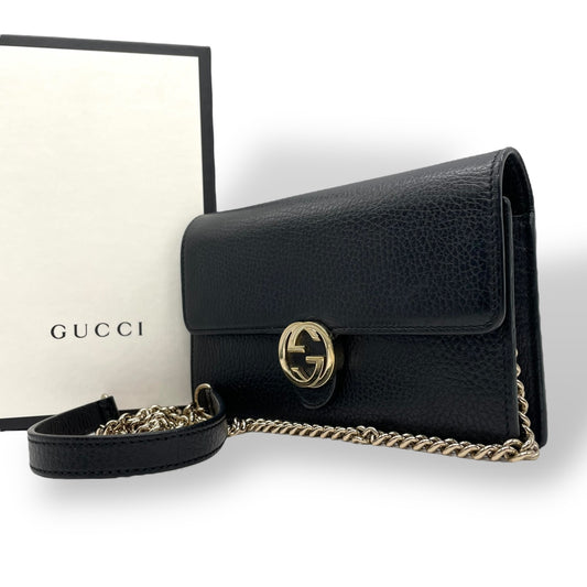 美品 GUCCI グッチ インターロッキングG ウォレットバッグ 510314 チェーンショルダー 長財布 ショルダーバッグ 黒 ブラック レザー ゴールド金具 GG 斜め掛け 箱付き レディース W1