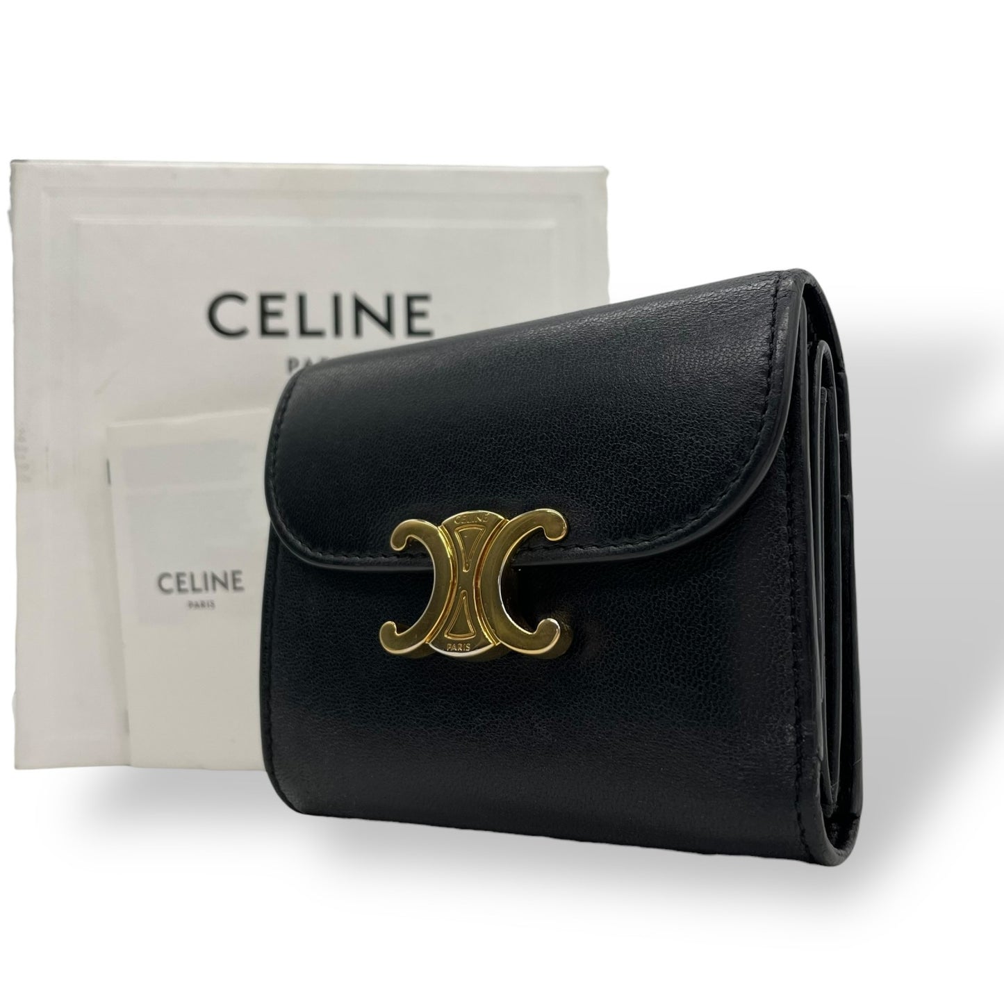 Authentic CELINE Triomphe Compact Wallet Black Leather Gold Hardware with Box