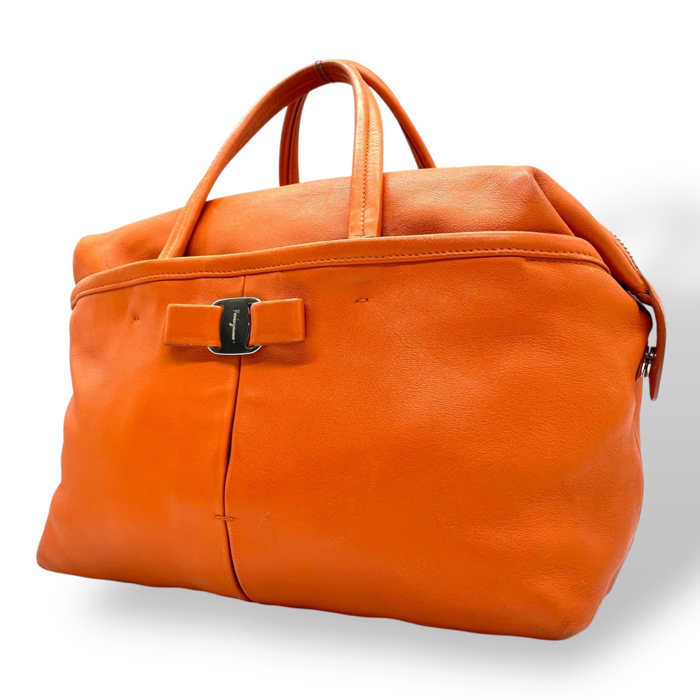 美品 Salvatore Ferragamo フェラガモ ヴァラリボン ハンドバッグ オレンジ レザー シルバー金具 レディース ヴィンテージ A
