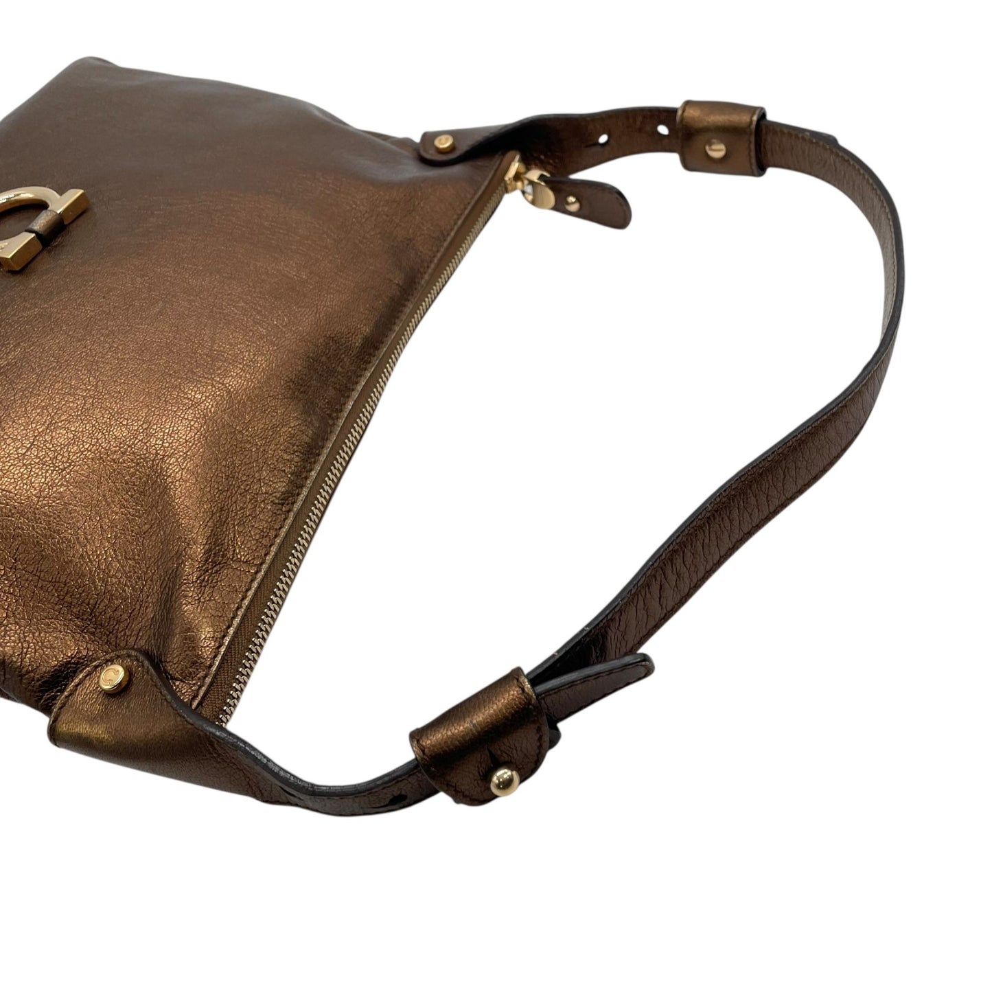 美品 Salvatore Ferragamo フェラガモ ガンチーニ ハンドバッグ ショルダーバッグ ワンショルダー 茶 ブラウン ブロンズ メタリック レザー ゴールド金具 肩掛け レディース K6