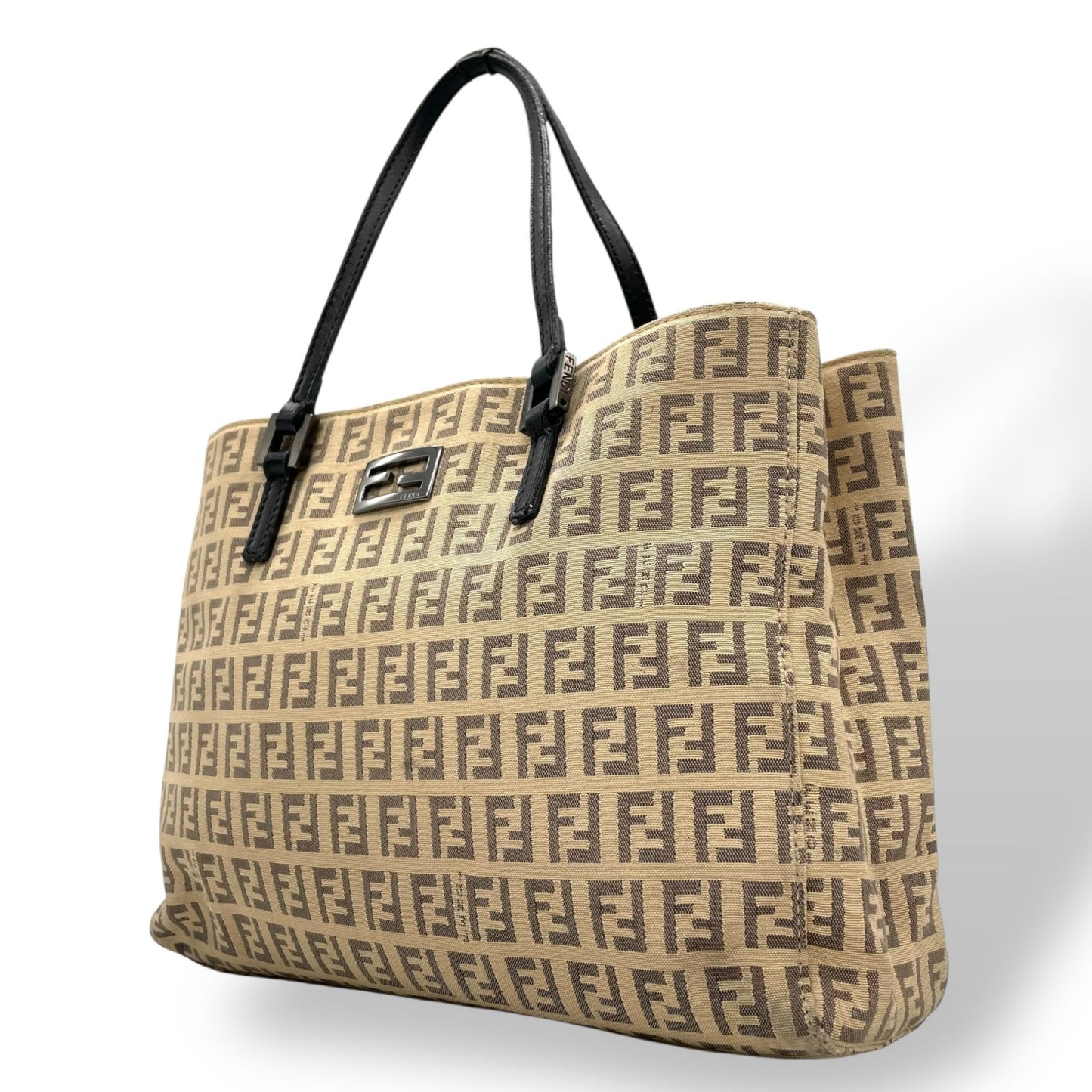 美品 FENDI フェンディ ズッキーノ ハンドバッグ ミニトート ベージュ ブラック キャンバス レザー シルバー金具 FF柄 ズッカ柄 レディース ヴィンテージ B3