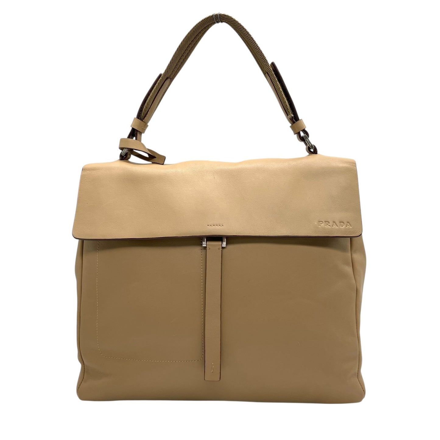 美品 PRADA プラダ ハンドバッグ ポーチ付き B10397 ベージュ レザー シルバー金具 ロゴ型押し 手提げ レディース ギャランティカード付き B4 00s archive