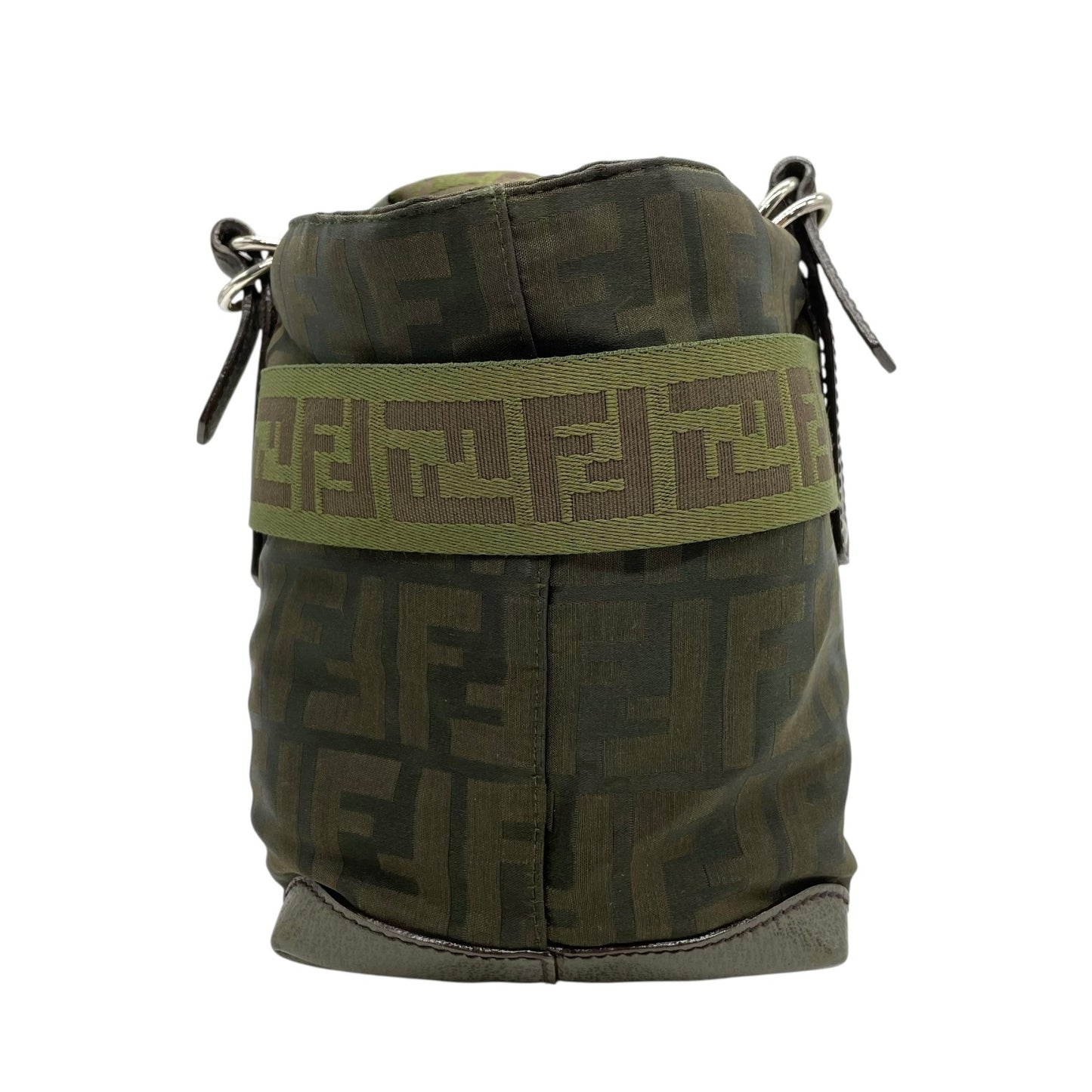 美品 FENDI フェンディ ズッカ柄 ナイロントート バッグ カーキ グリーン FF柄 ベルトデザイン シルバー金具 8BH143 ハンドバッグ レディース B1