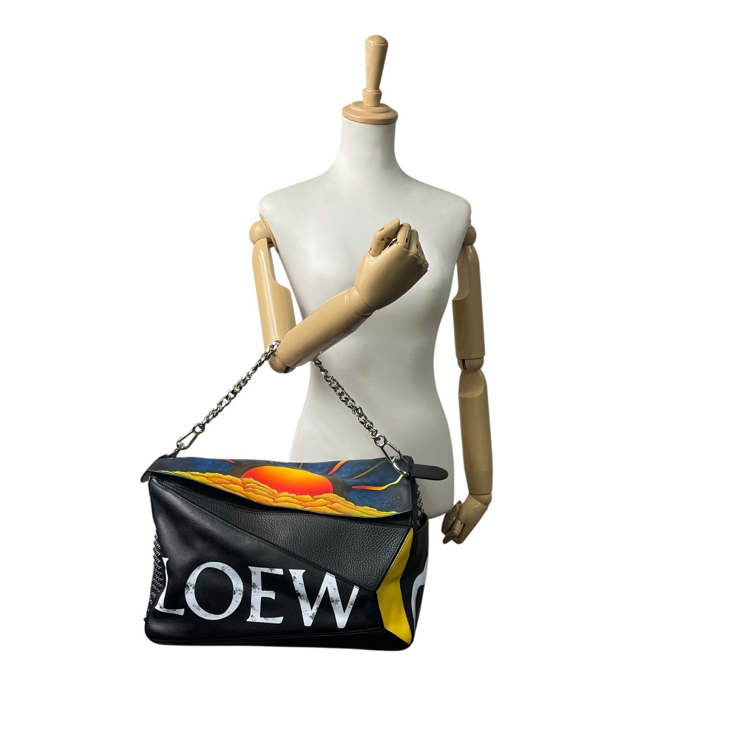 限定品 希少 極美品 LOEWE ロエベ パズルバッグ ラージ ミニボストン スタッズ アナグラム ロゴ チェーン ブラック 黒 マルチカラー メンズ レディース D