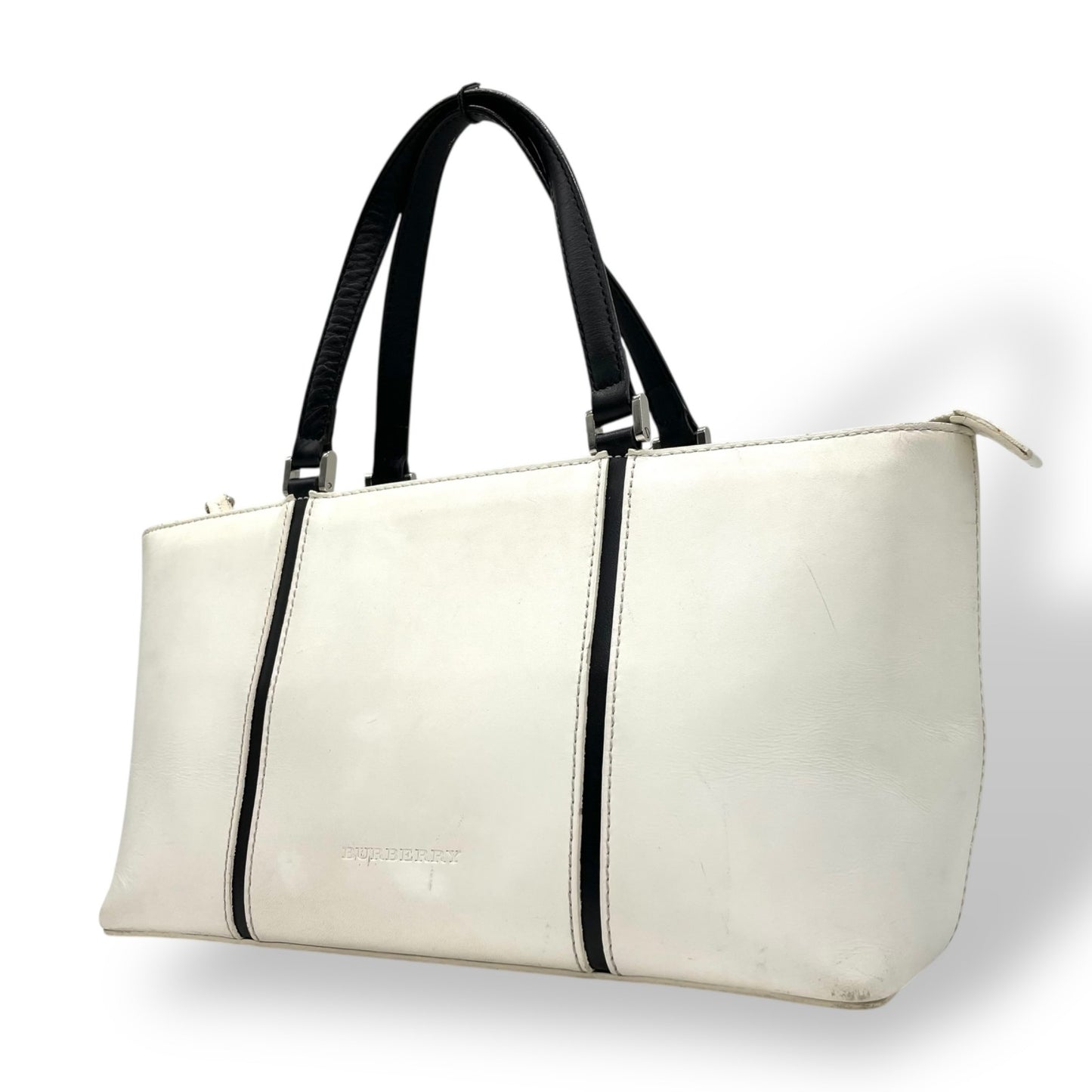 BURBERRY バーバリー ハンドバッグ 白 ホワイト 黒 ブラック レザー シルバー金具 ロゴ 横長 Y2K ノバチェック レディース C2