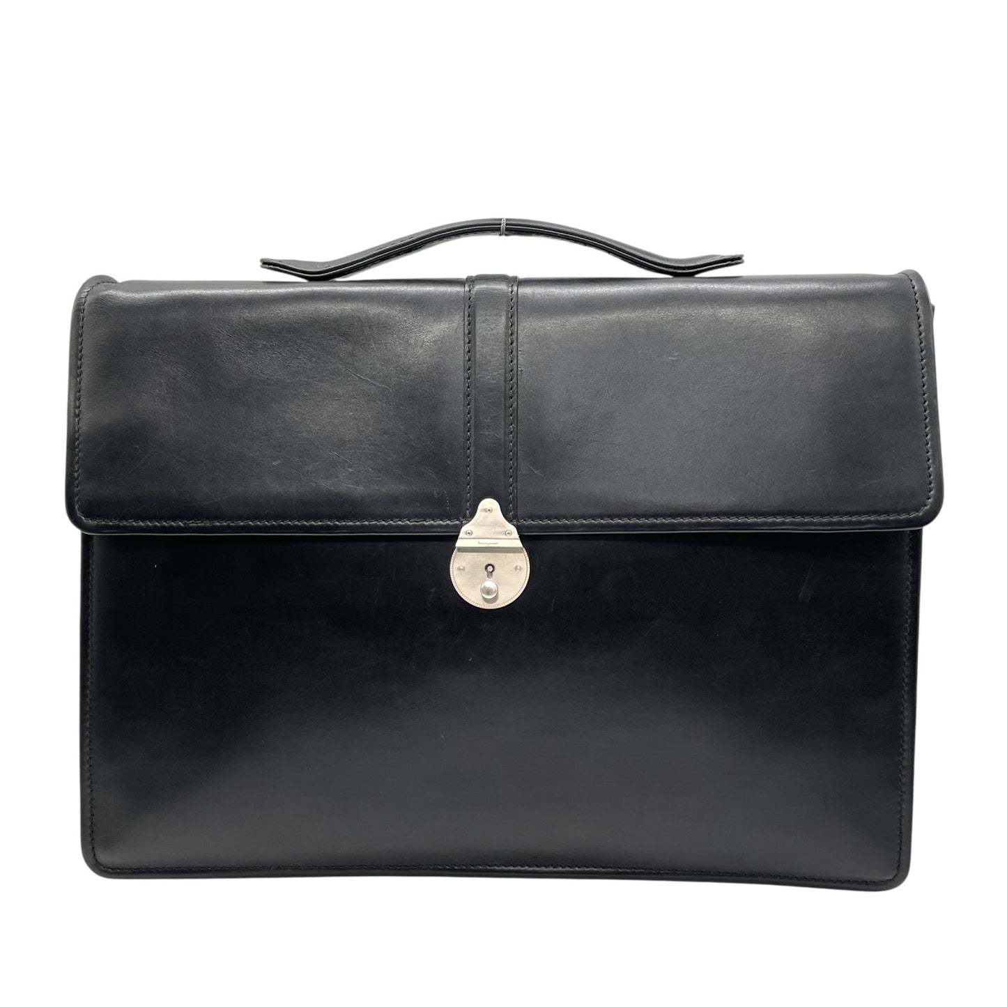Salvatore Ferragamo サルヴァトーレフェラガモ 2WAY ビジネスバッグ ショルダーバッグ ブリーフケース ダレスバッグ 黒 ブラック レザー シルバー金具 フラップ開閉 斜め掛け可 A4収納可 メンズ E