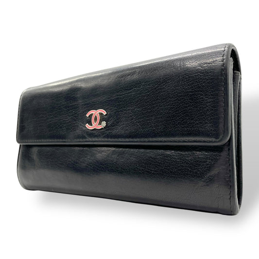CHANEL シャネル ココマーク ラッキーフラワー クローバー 二つ折り 長財布 レザー 黒 ブラック フラワープリント レディース ヴィンテージ W5