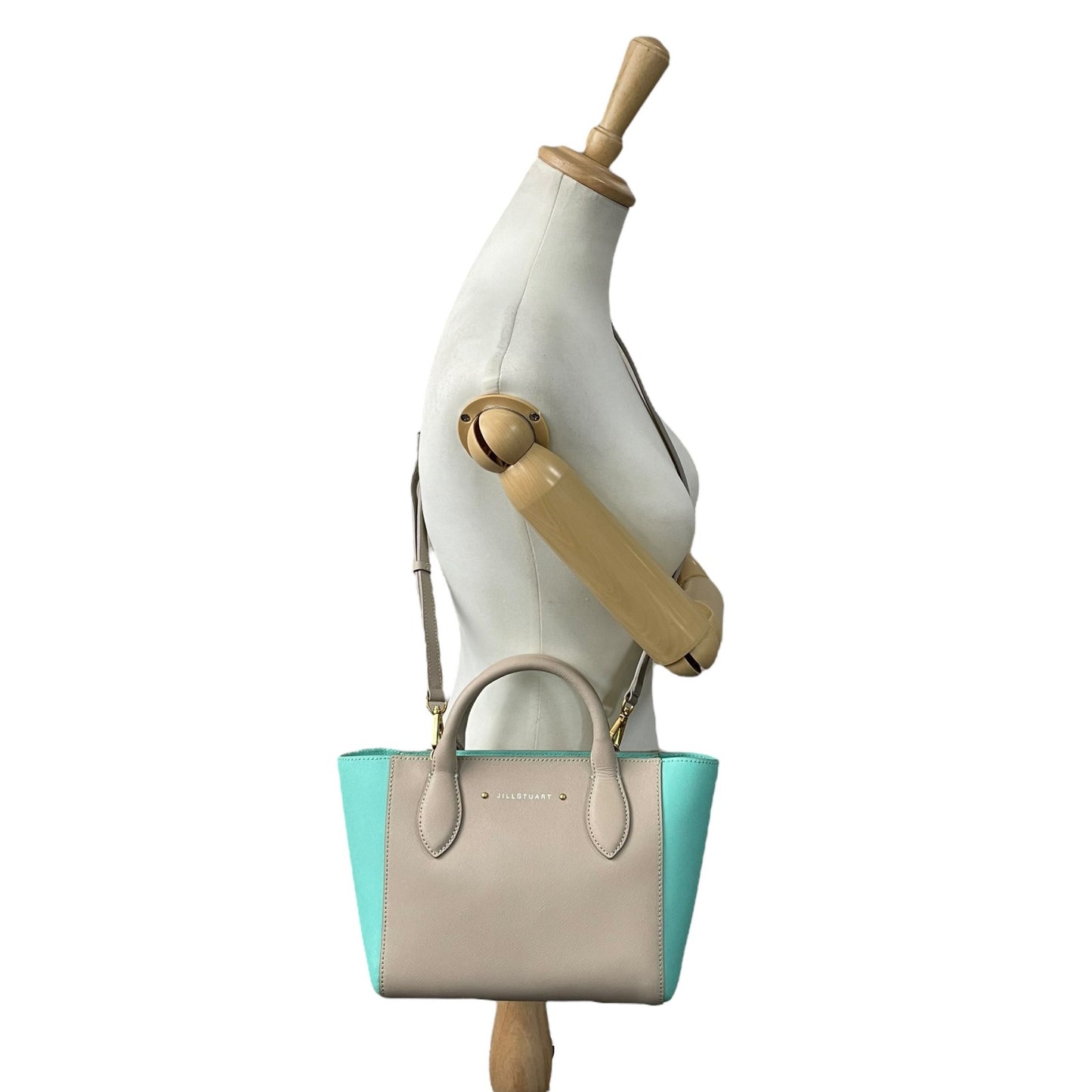 美品 ジルスチュアート JILLSTUART トートバッグ ショルダーバッグ 肩掛け 2WAY バイカラー ゴールド ポーチ付き ベージュ×ミントグリーン D2