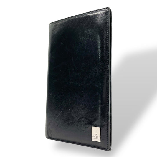 グッチ GUCCI 二つ折り 長財布 札入れ 黒 ブラック レザー シルバー金具 ロゴプレート メンズ 小銭入れなし M5