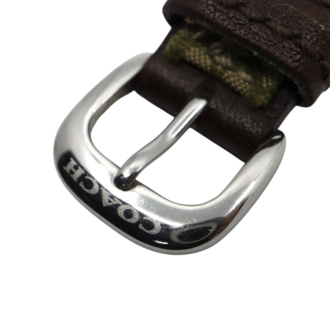 【電池交換済／クリーニング済】コーチ COACH 腕時計 8.180.158 レディースウォッチ クォーツ シルバー文字盤 シグネチャー キャンバスベルト グリーン系 デイトカレンダー アナログ クラシック カジュアル 稼働品 G3