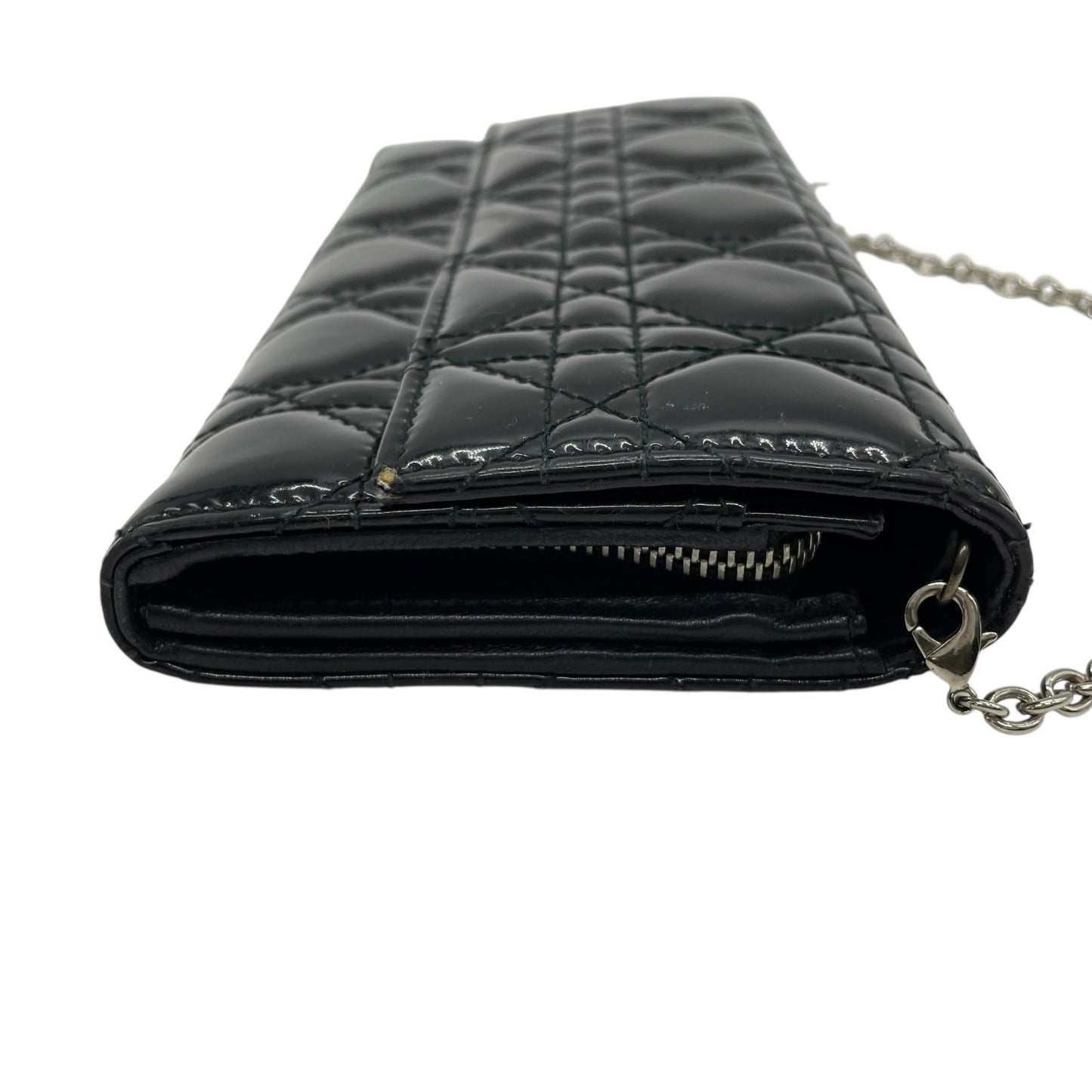 クリスチャンディオール Dior レディディオール ウォレットオンチェーン 黒 ブラック カナージュ パテントレザー チェーンストラップ キルティング エナメル ロゴ レディース W4