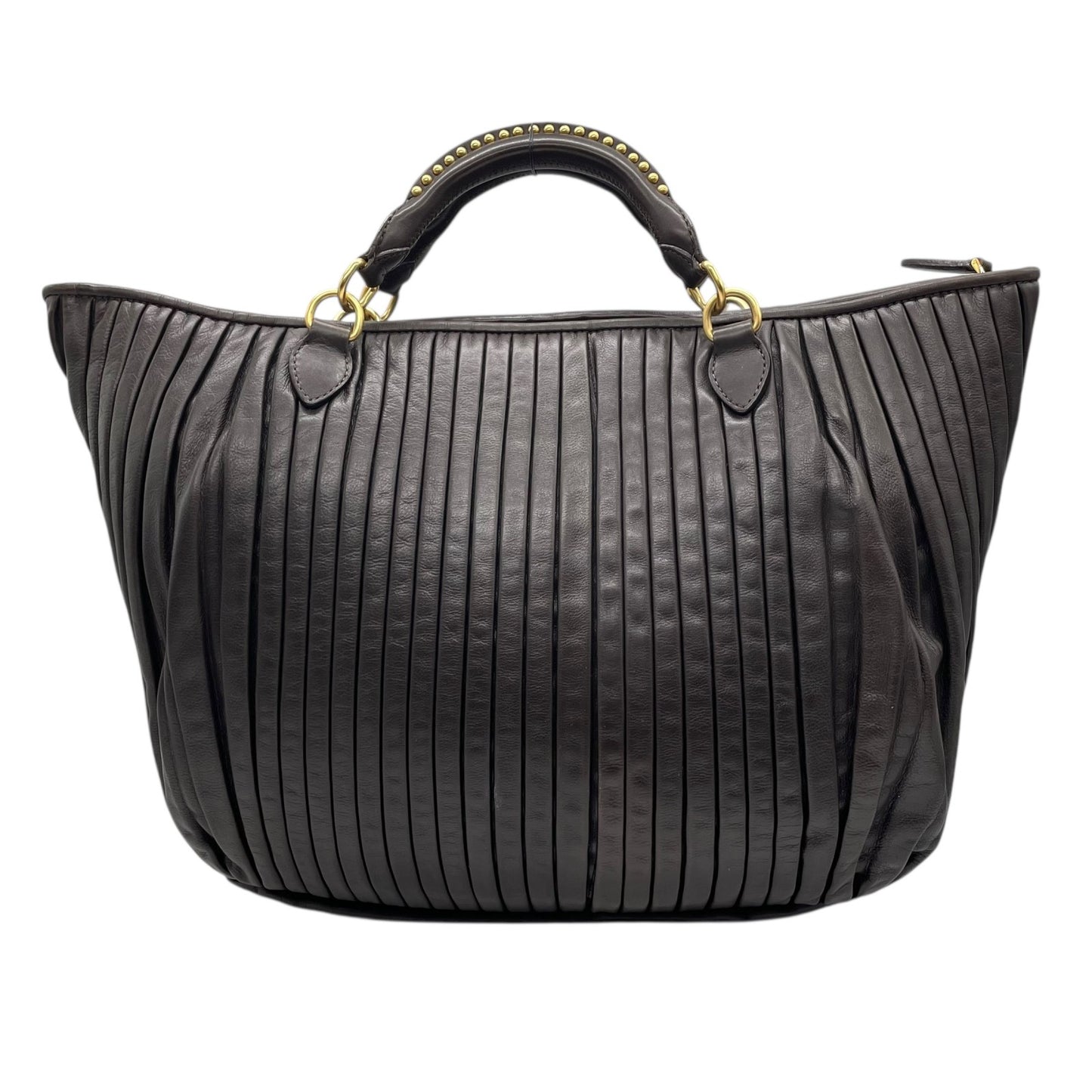 【美品】miumiu ミュウミュウ 2WAY トートバッグ ハンドバッグ ショルダーバッグ ギャザー プリーツ レザー スタッズ ダークブラウン ゴールド金具 斜め掛け可 レディース C