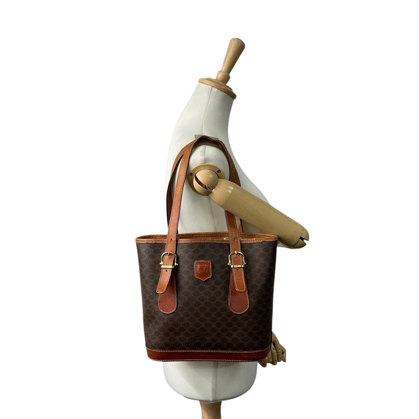 CELINE セリーヌ ヴィンテージ マカダム トートバッグ PVC レザー ブラウン トリオンフ 金具 90s イタリア製 ショルダー可 オールドセリーヌ K9