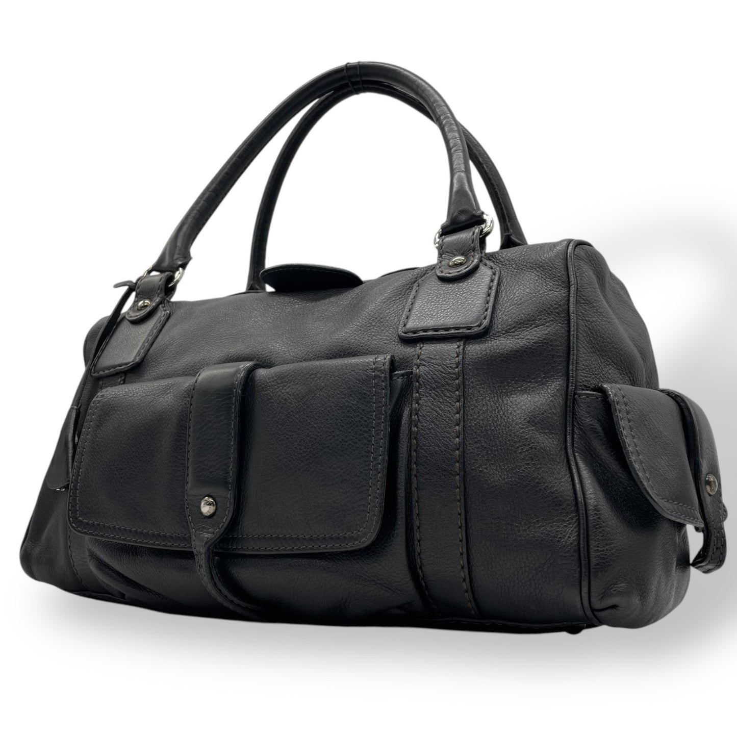 Authentic TOD'S Boston Handbag Leather Black Silver Hardware Padlock Women's