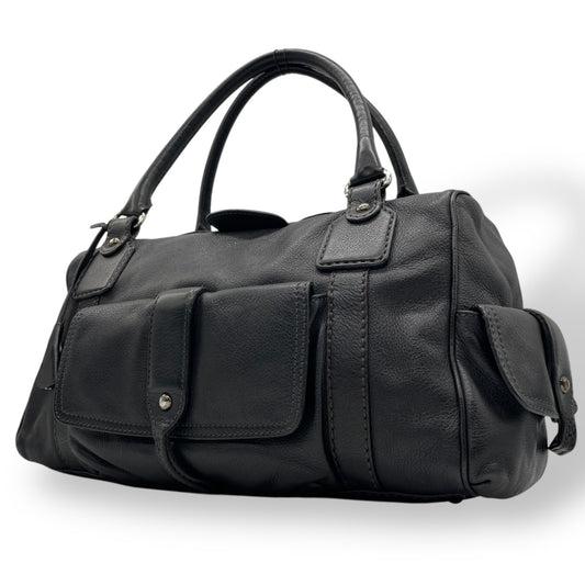 Authentic TOD'S Boston Handbag Leather Black Silver Hardware Padlock Women's