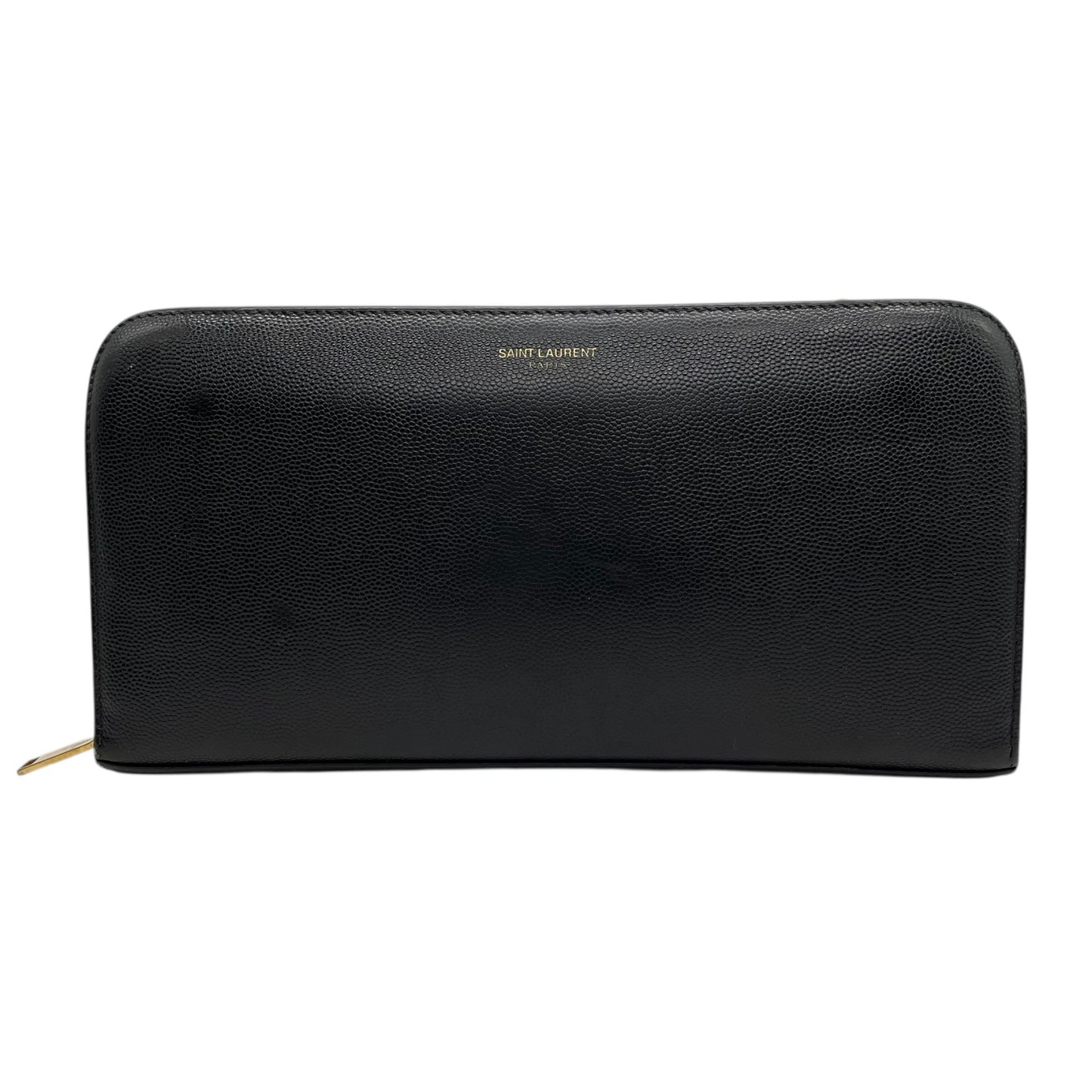 Authentic SAINT LAURENT YSL Leather Round Zipper Wallet Black Gold Hardware Unisex