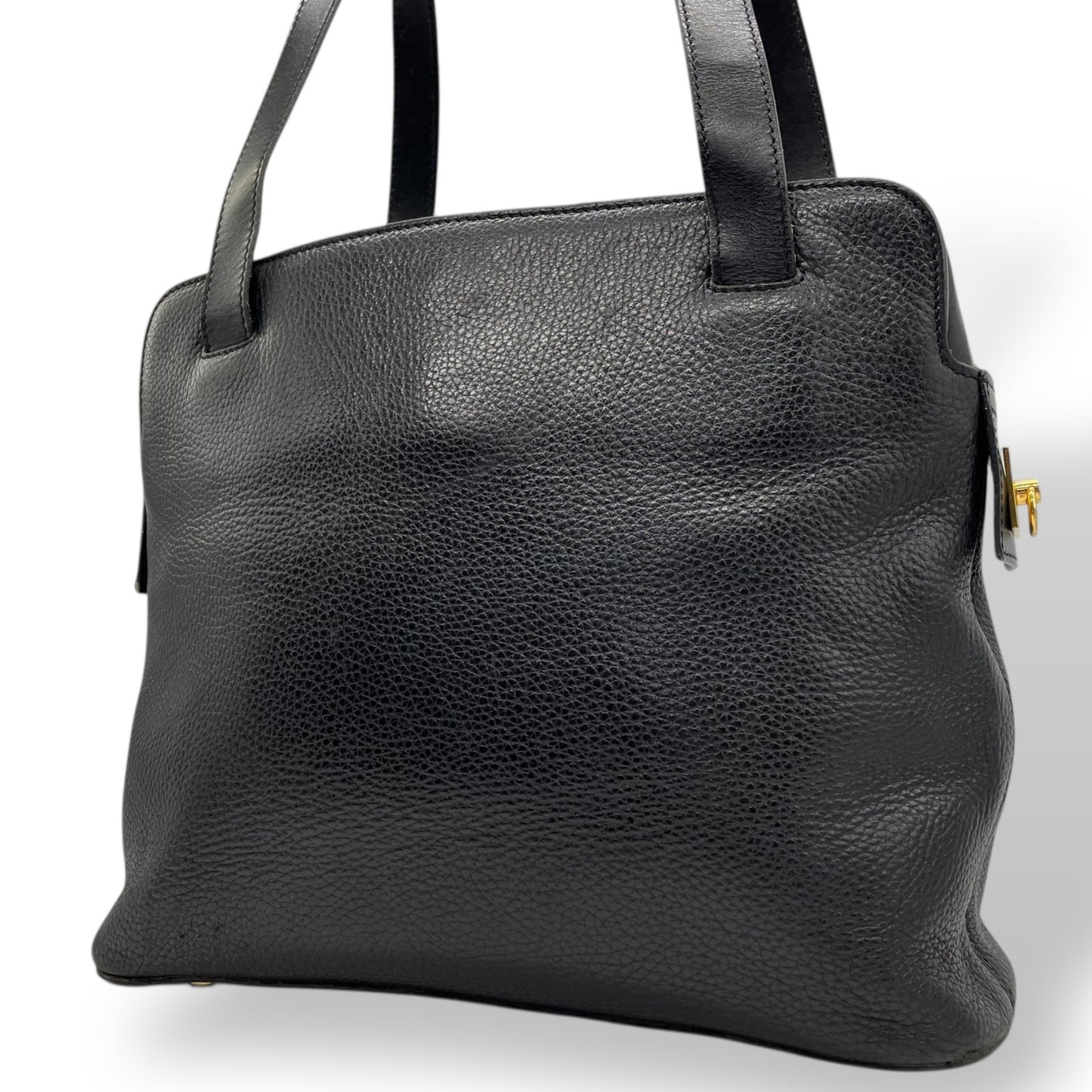 Authentic CELINE Vintage Grained Leather Shoulder Bag Black Gold Hardware Women's Zipper Closure