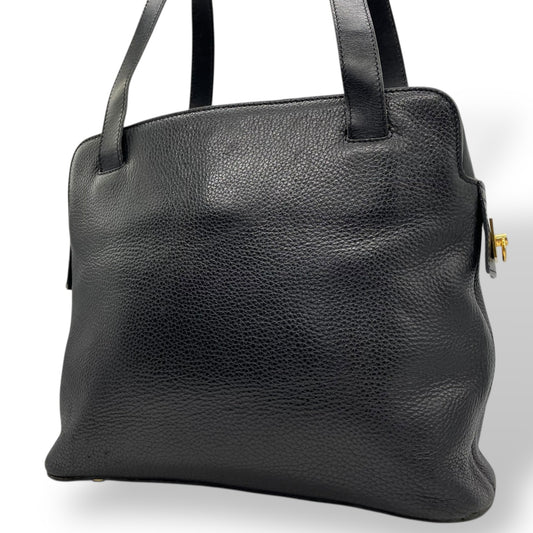 Authentic CELINE Vintage Grained Leather Shoulder Bag Black Gold Hardware Women's Zipper Closure