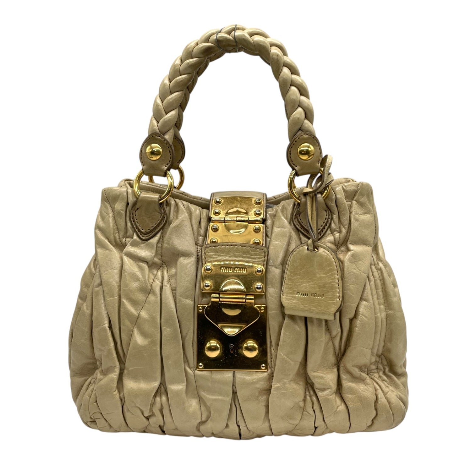 Authentic miumiu Matelassé 2WAY Handbag Shoulder Bag Leather Khaki Beige Gold Hardware Women's Crossbody