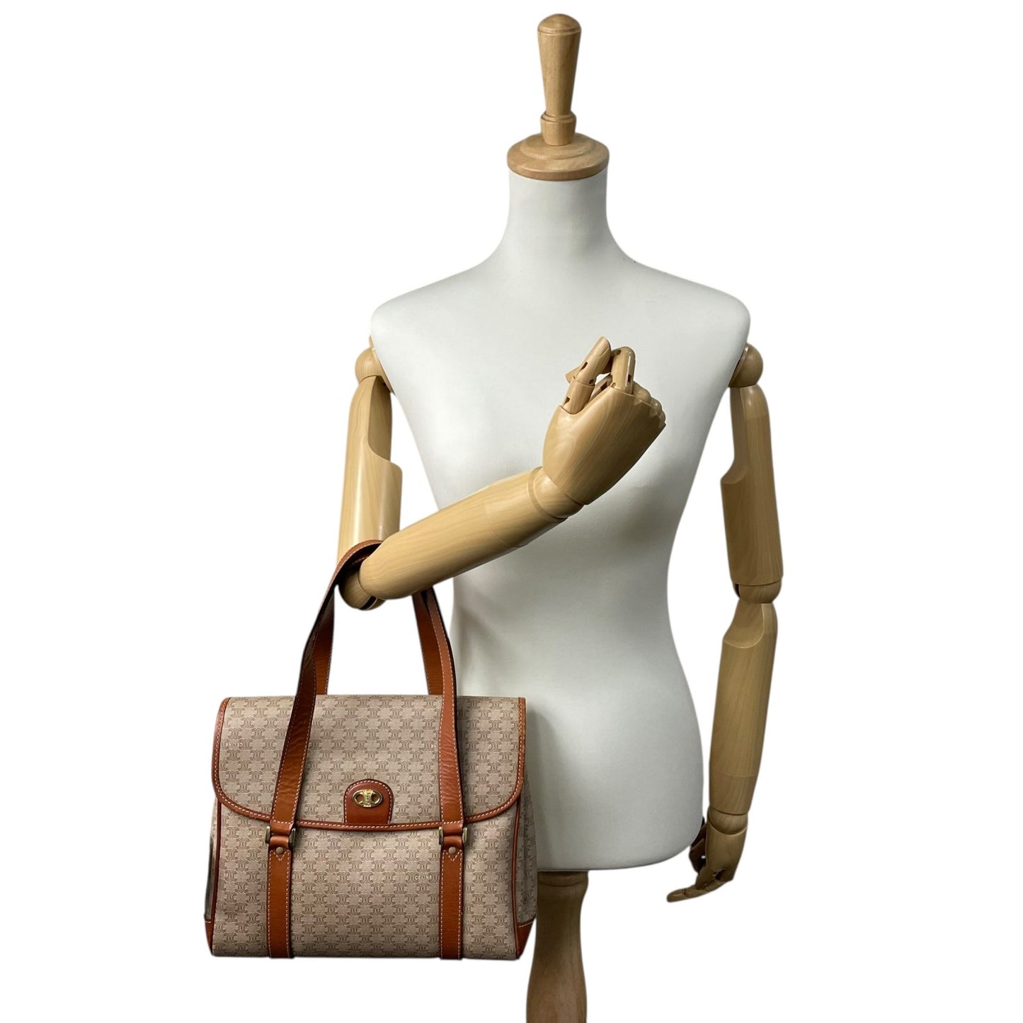 Authentic CELINE Macadam Handbag PVC Leather Vintage Beige Brown M06 Old Celine Gold Hardware Ladies