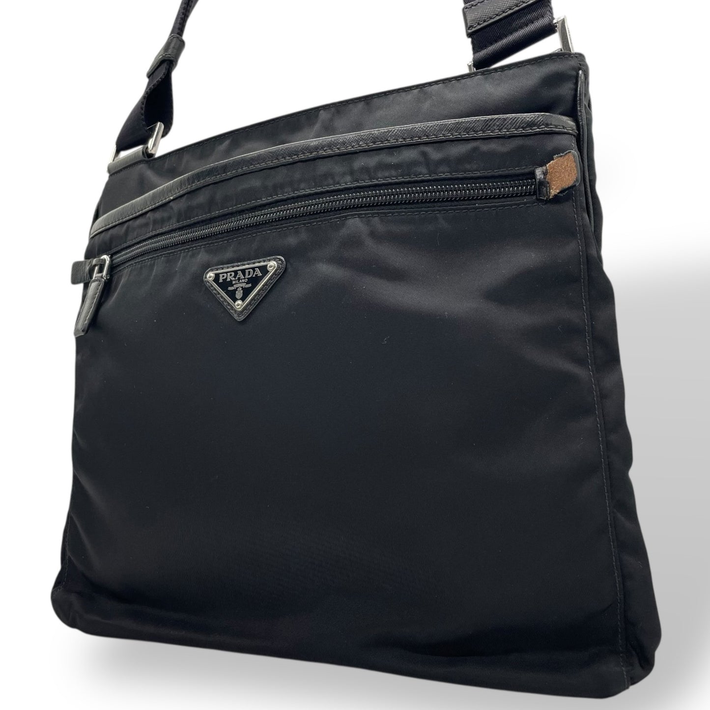 Authentic PRADA Black Shoulder Bag Triangular Logo Plate Nylon Leather Silver Hardware Adjustable Strap Men's Women's