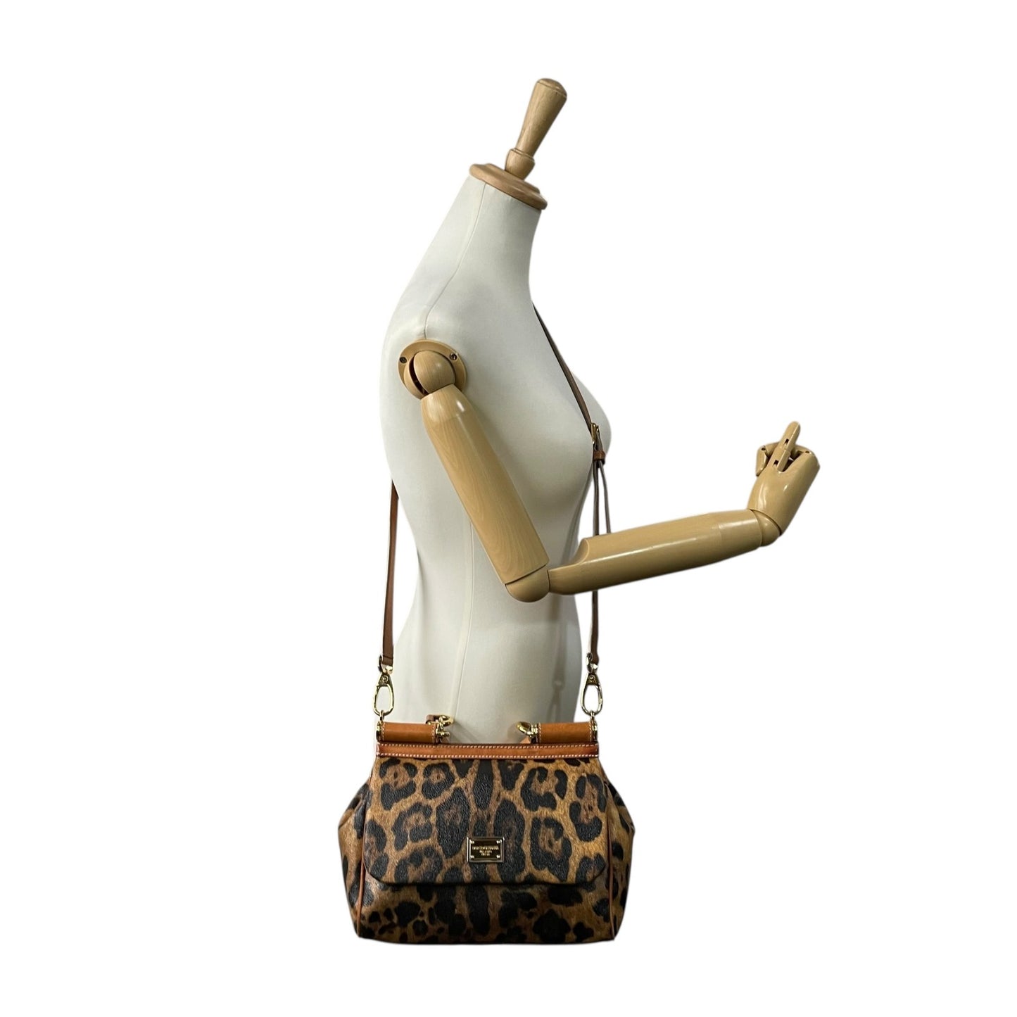 美品 DOLCE&GABBANA ドルチェ＆ガッパーナ シシリー 2WAY ハンドバッグ ショルダーバッグ ドルガバ レオパード ヒョウ柄 レザー PVC ブラウン 茶 ブラック 黒 レディース D&G ロゴプレート フラップ ゴールド金具 斜め掛け可 K4