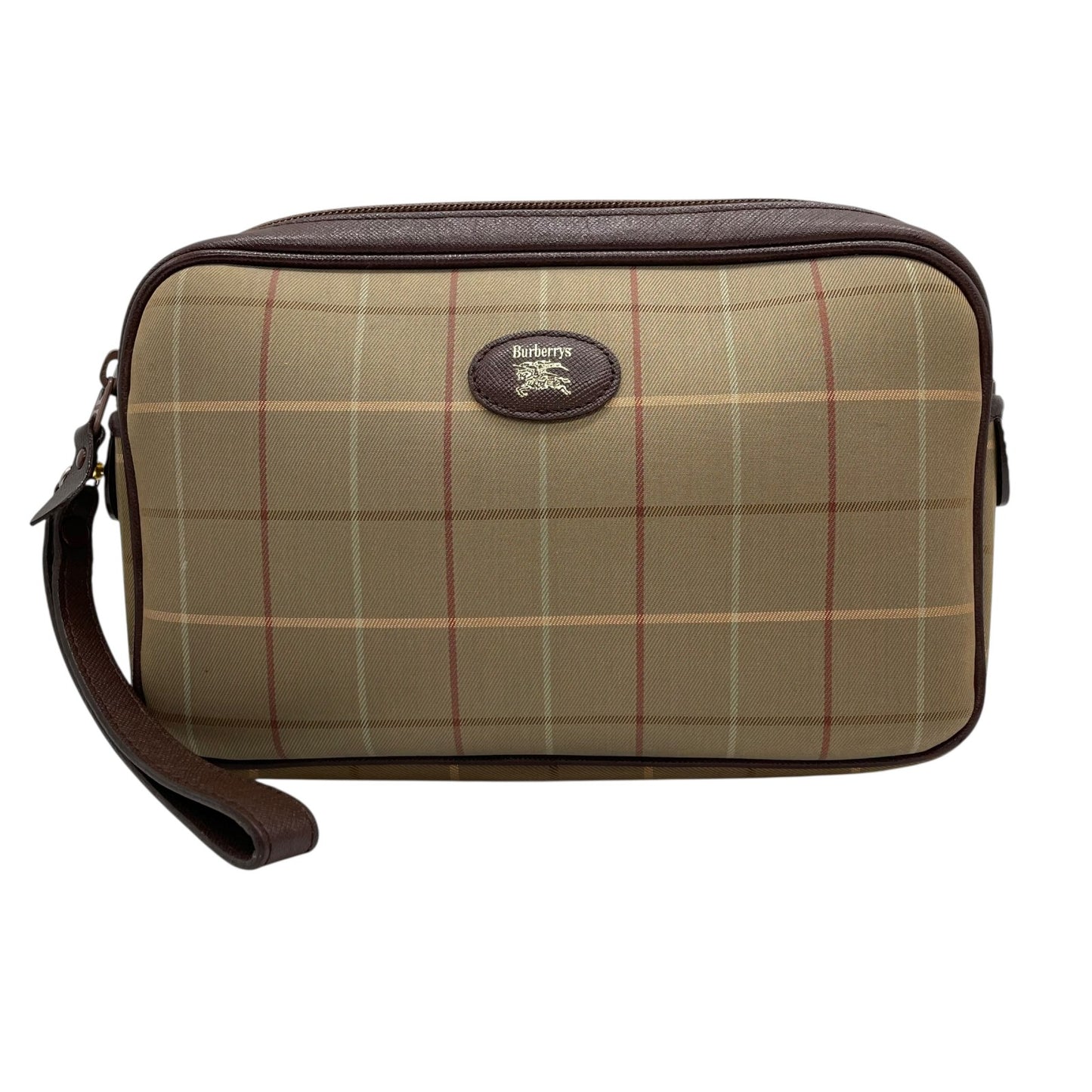 美品 Burberry バーバリー クラッチバッグ セカンドバッグ ポーチ カーキ ブラウン キャンバス レザー チェック ホースロゴ メンズ レディース ヴィンテージ S97