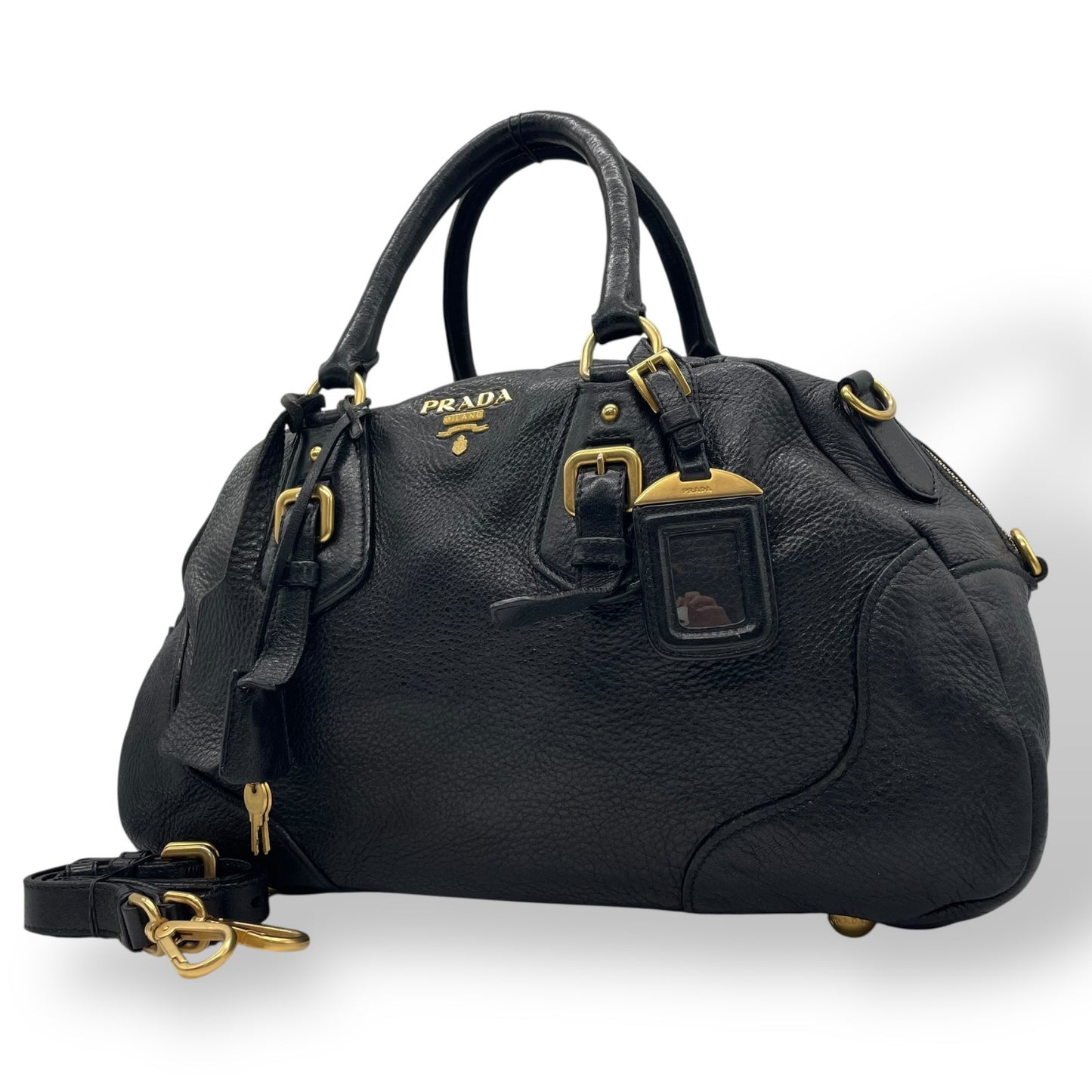 Authentic PRADA 2WAY Handbag Shoulder Black NERO Leather Gold Hardware Logo