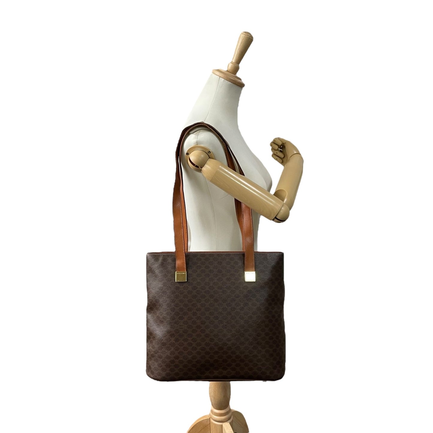 CELINE セリーヌ マカダム トートバッグ 茶 ブラウン PVC レザー ゴールド金具 ワンショルダー 肩掛け可 A4収納 レディース ヴィンテージ D1