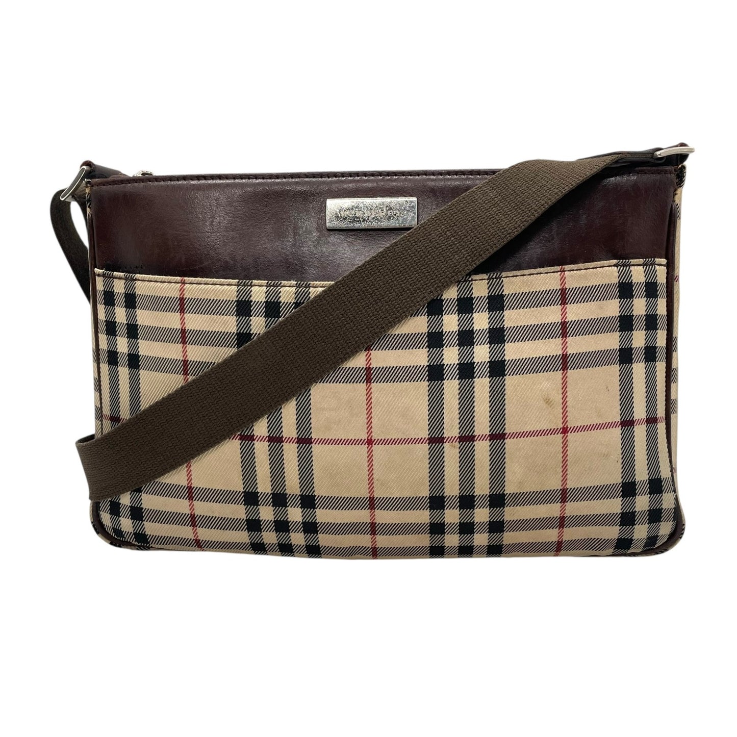 BURBERRY バーバリー ノバチェック ショルダーバッグ キャンバス レザー ベージュ 茶 ブラウン シルバー金具 ロゴプレート チェック柄 斜め掛け 肩掛け レディース C6