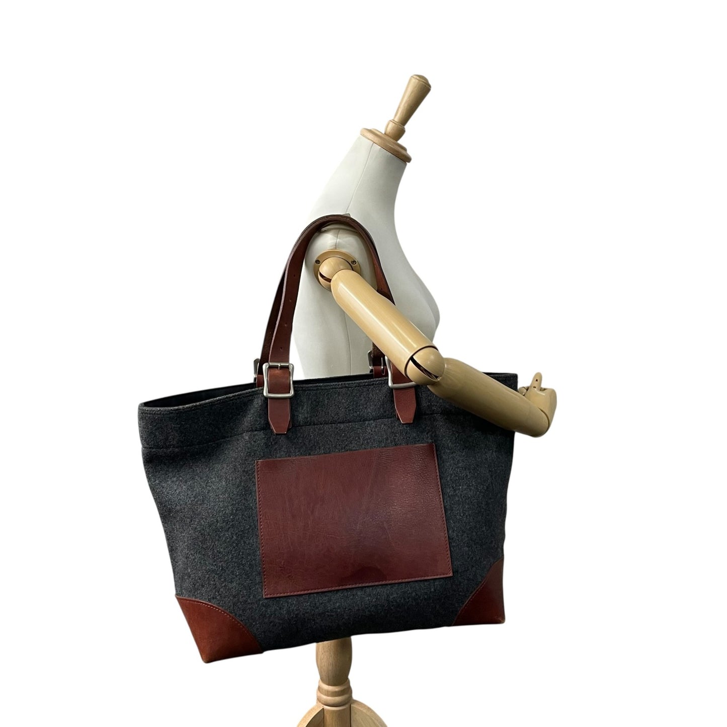 COMME des GARCONS HOMME コムデギャルソンオム トートバッグ グレー ブラウン ウール レザー シルバー金具 手提げ 肩掛け可 レディース U14