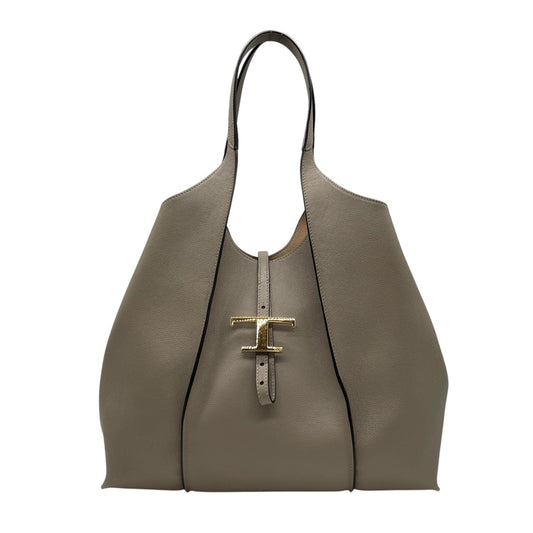 極美品 TOD'S トッズ T タイムレス レザー トートバッグ グレージュ ゴールド金具 ポーチ付き 大容量 肩掛け可 レディース 正規品 D