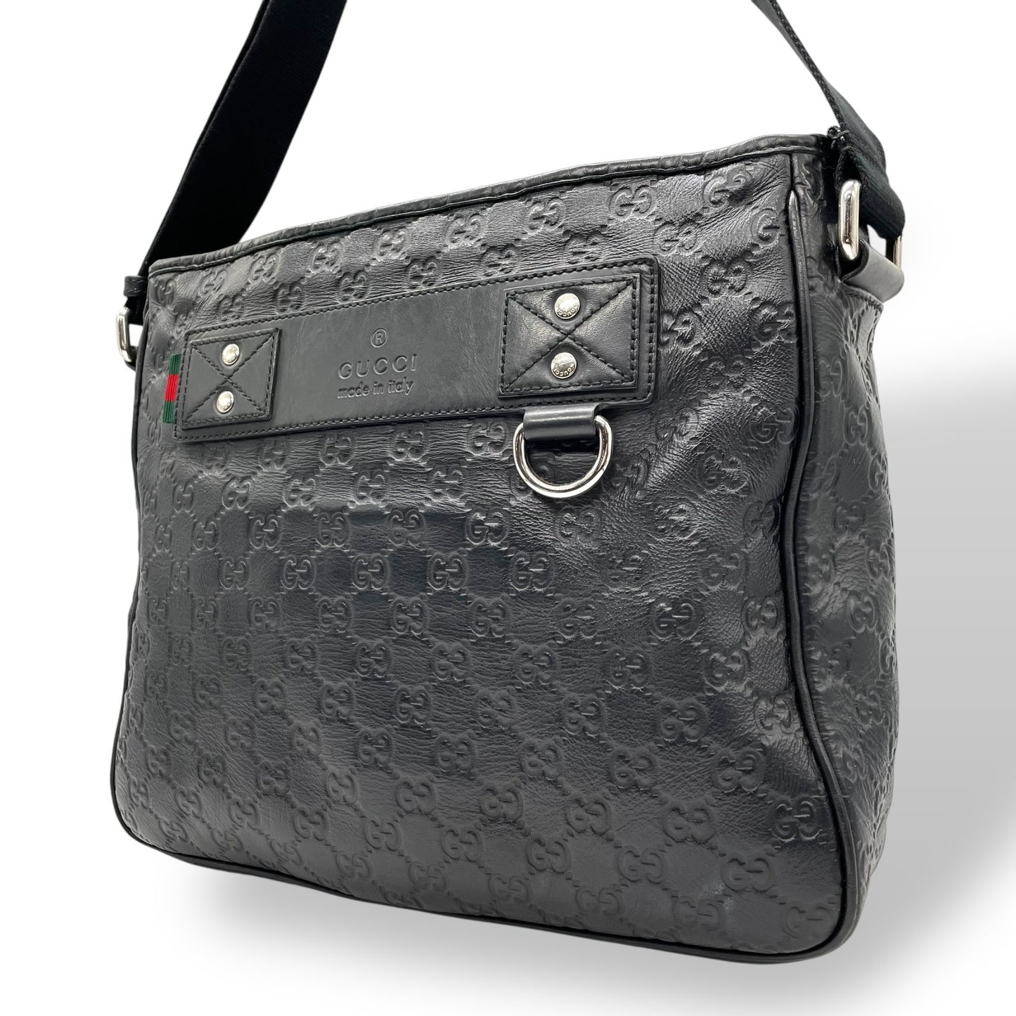 美品 GUCCI グッチ グッチシマ シェリー ロゴ型押し ショルダーバッグ メッセンジャーバッグ レザー 黒 ブラック シルバー金具 322080 斜め掛け可 メンズ レディース E