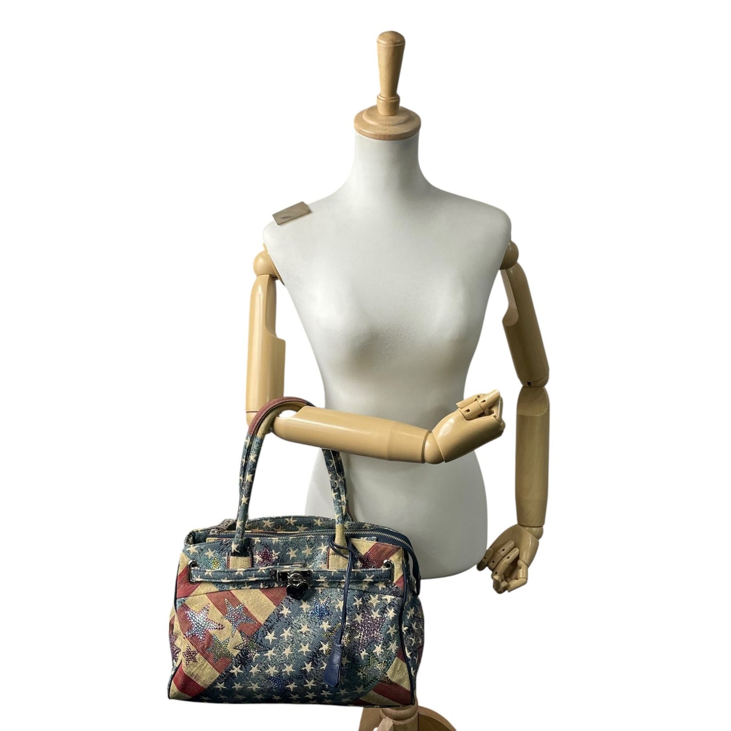 シンクビー Think Bee! ハンドバッグ トートバッグ アメリカ国旗 星柄 ラインストーン スパンコール マルチカラー デニム S90