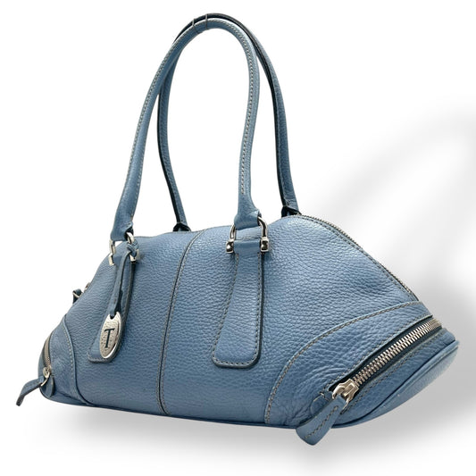 トッズ TOD’S ドーム型 ハンドバッグ ロングハンドル 肩掛け レザー ライトブルー 水色 シルバー金具 トライアングルフォルム A5