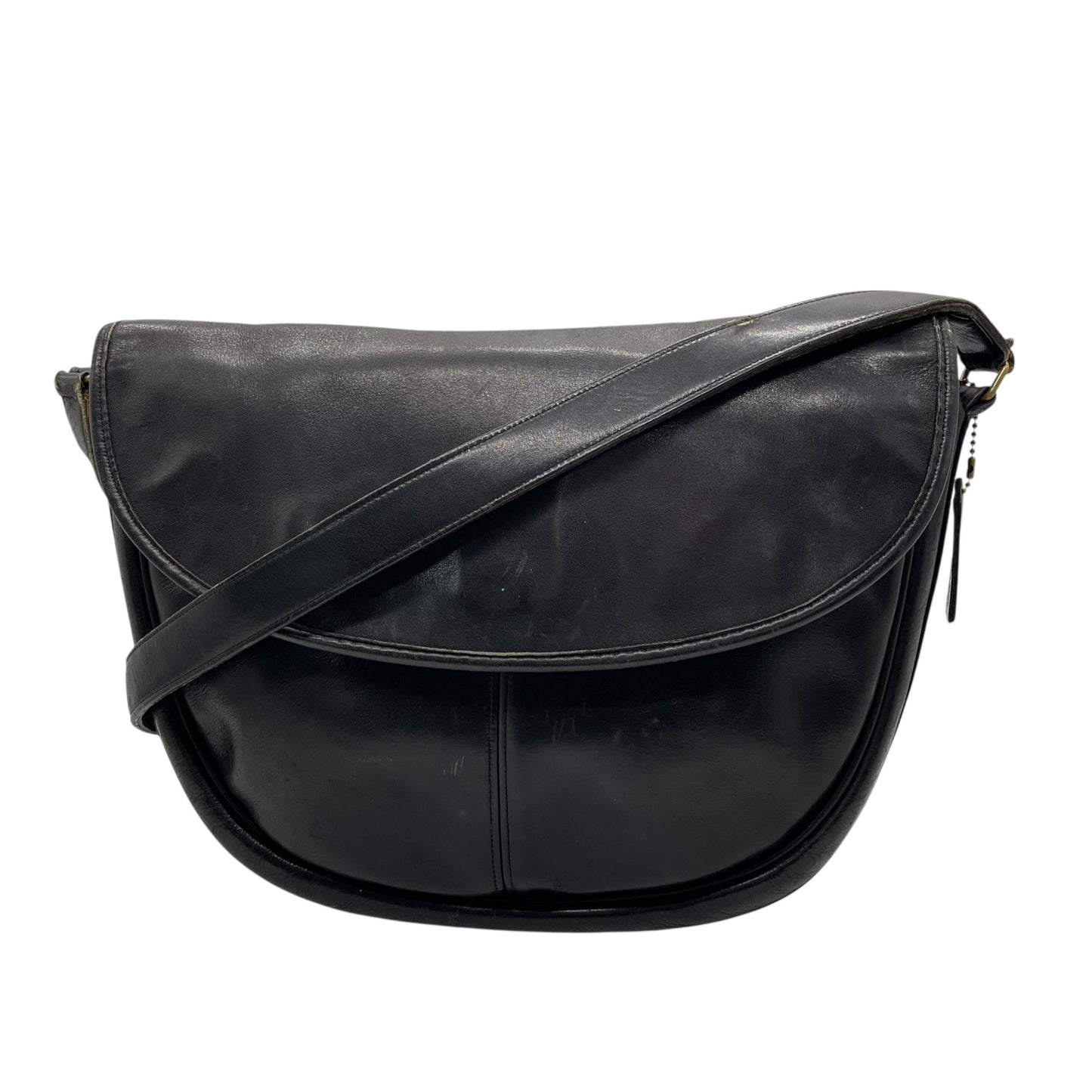 オールドコーチ COACH ショルダーバッグ メッセンジャーバッグ 黒 ブラック レザー ゴールド金具 ロゴチャーム付き フラップ開閉 ヴィンテージ メンズ レディース E2