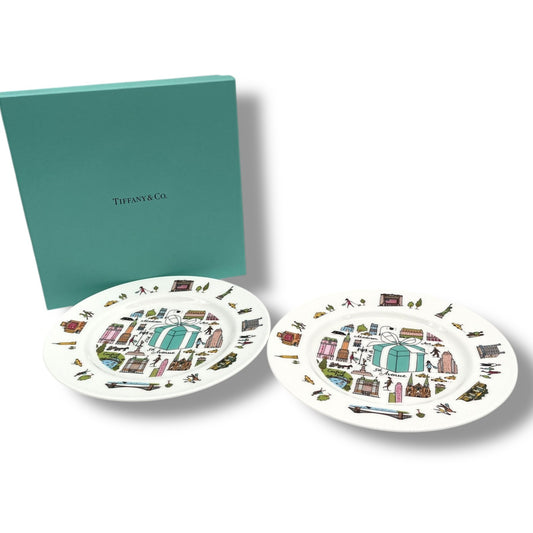 未使用 美品 Tiffany&Co. ティファニー 5th アベニュー ニューヨーク プレート 2枚セット 19cm デザートプレート 丸皿 食器 マルチカラー 箱付き