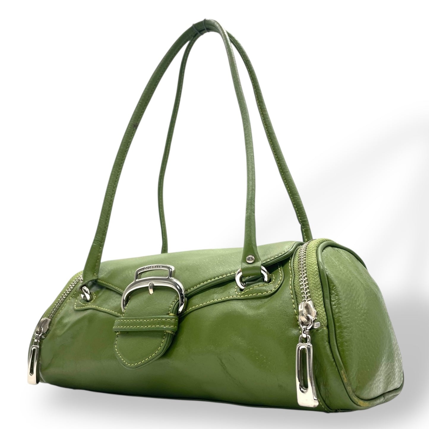 コールハーン COLE HAAN ハンドバッグ ロングハンドル レザー グリーン 緑 若草色 シルバー金具 バゲット型 スリムデザイン T3