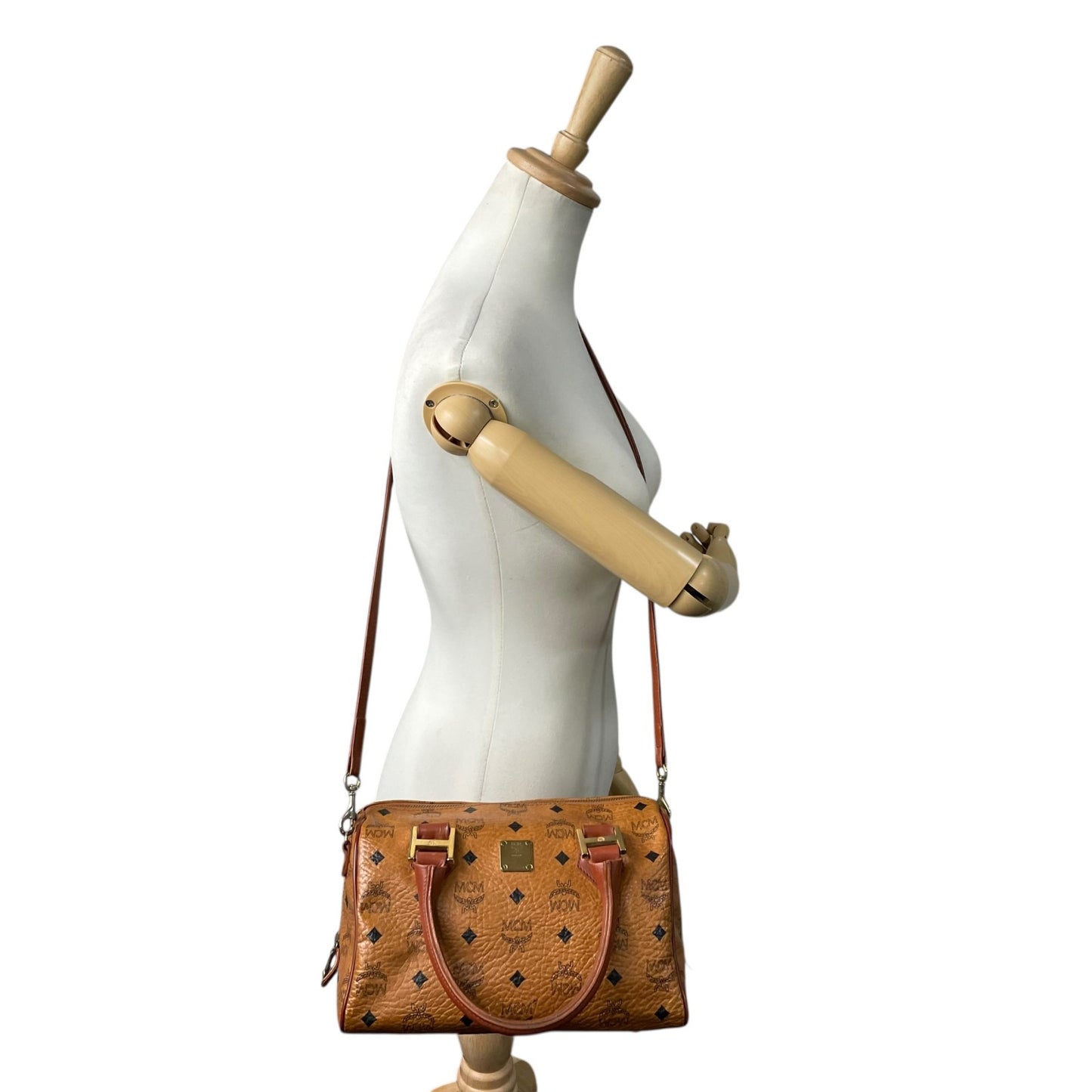 MCM エムシーエム ヴィセトス ボストンバッグ ミニボストン ハンドバッグ ショルダー付き ブラウン 茶色 レザー 2WAY ゴールド金具 ヴィンテージ D1