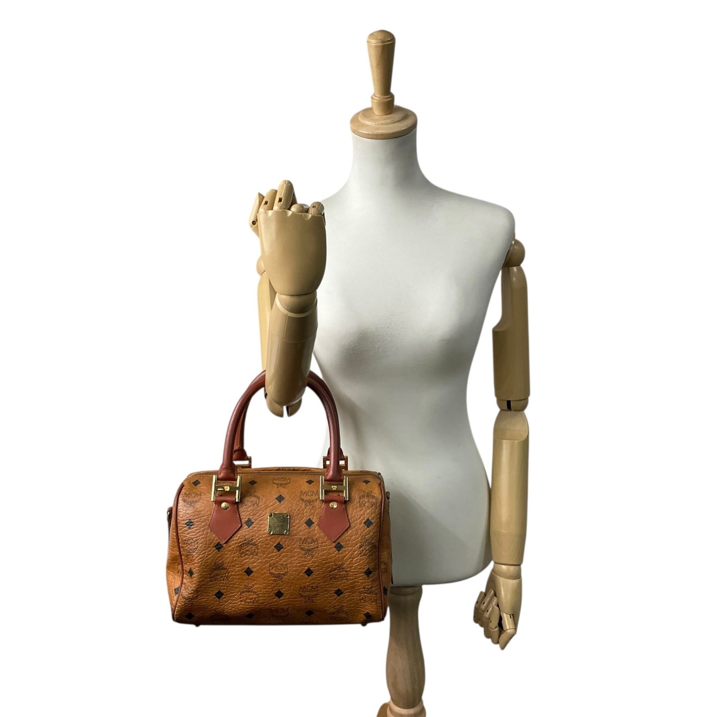 エムシーエム MCM ヴィセトス 2WAY ハンドバッグ ミニボストンバッグ ショルダーバッグ 茶 ブラウン コニャック レザー ゴールド金具 斜め掛け可 レディース D