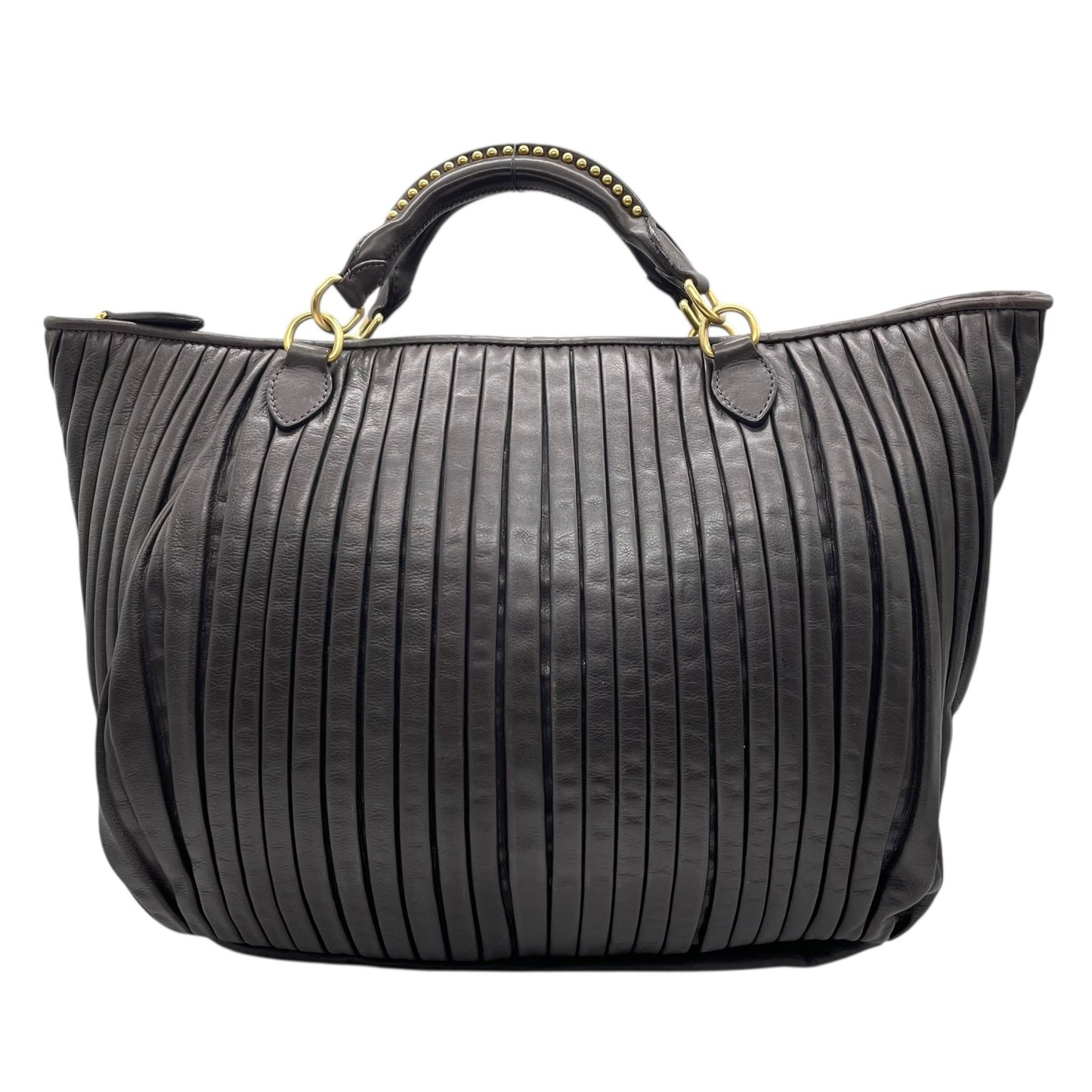 【美品】miumiu ミュウミュウ 2WAY トートバッグ ハンドバッグ ショルダーバッグ ギャザー プリーツ レザー スタッズ ダークブラウン ゴールド金具 斜め掛け可 レディース C